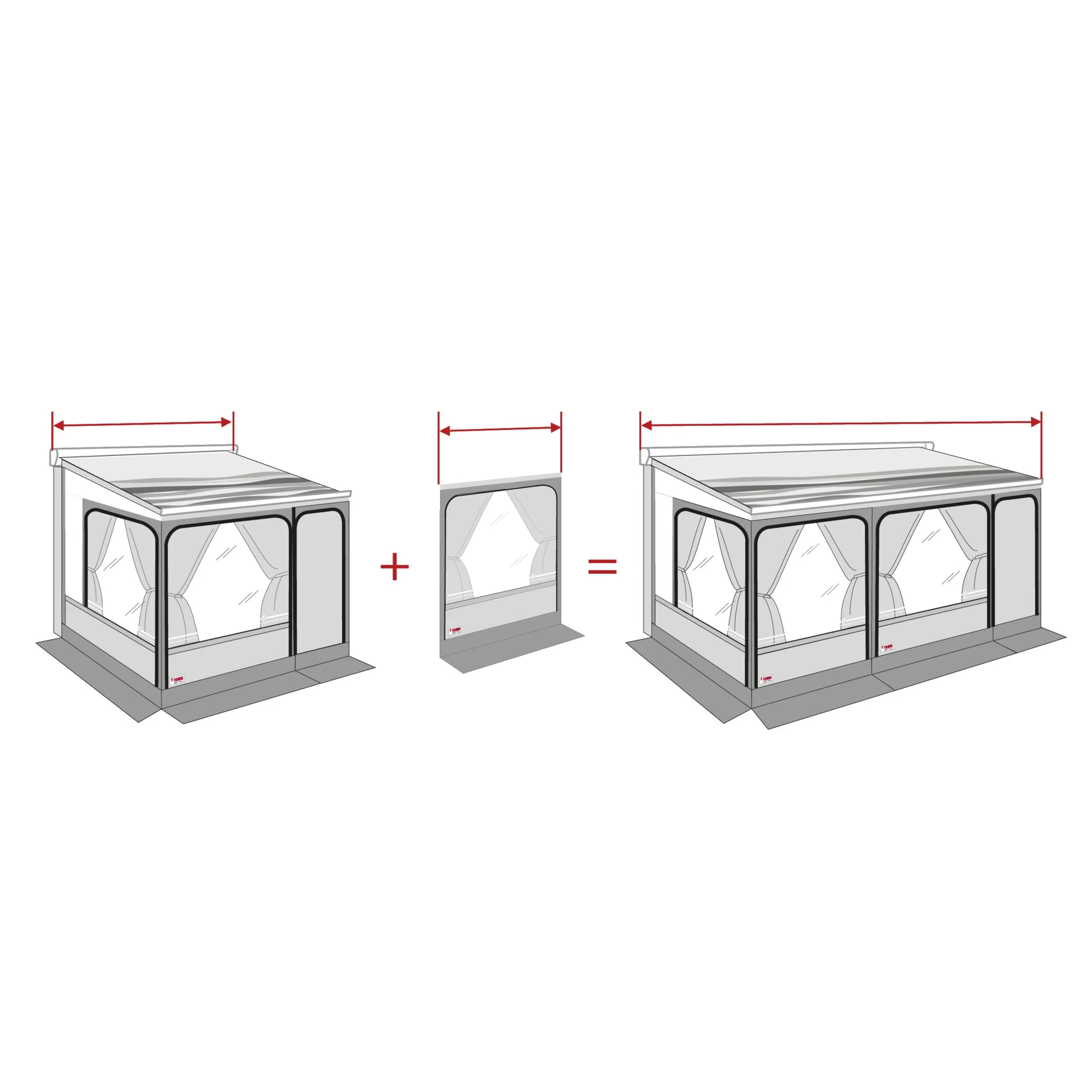 Grafik zur Frontwanderweiterung Privacy Room Frontpanele 130: Vorhandene Front mit zusätzlichem Fensterpanel zur verlängerten Frontansicht