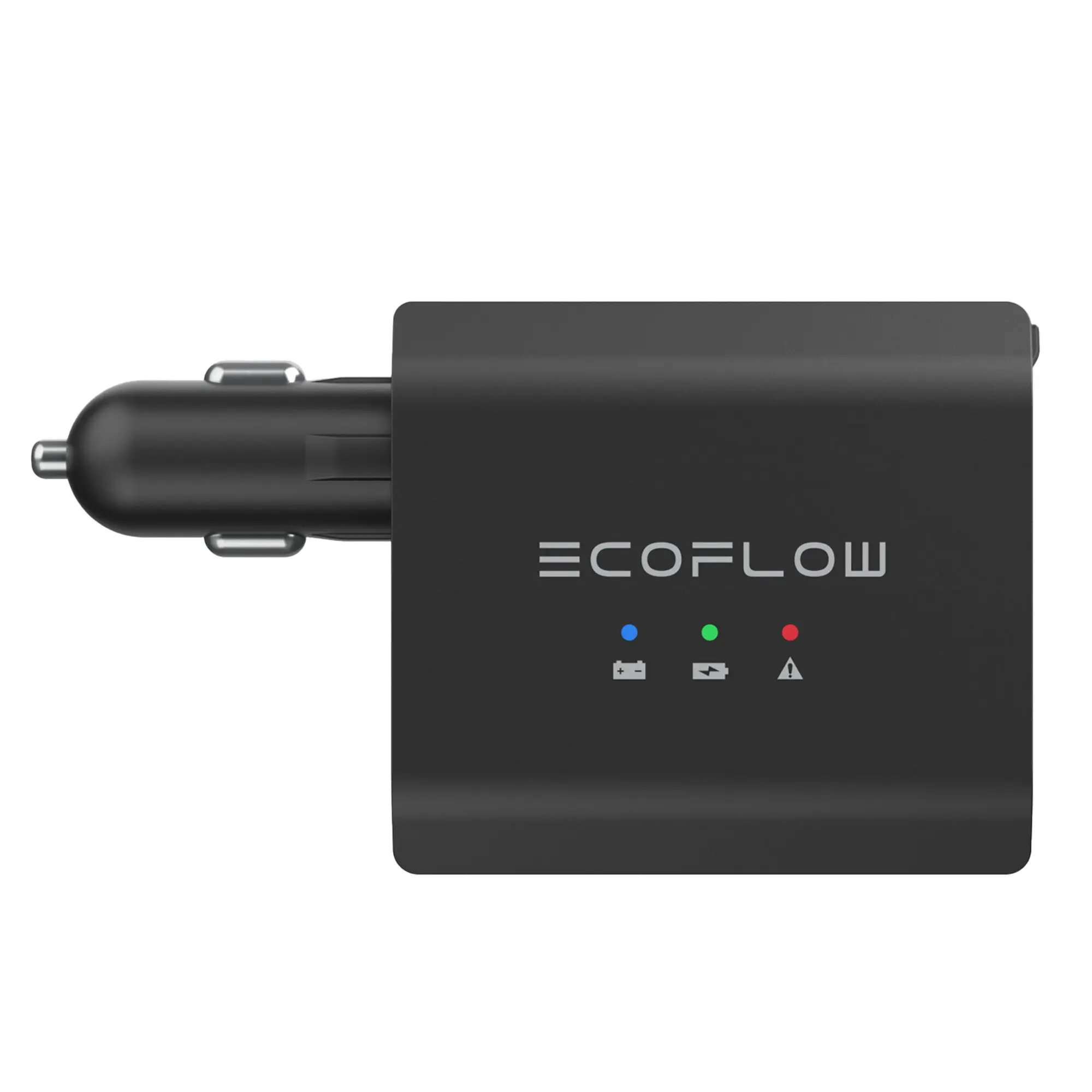 Nahe Aufnahme eines schwarzen Kfz-Batterieladegeräts mit Zigarettenanzünder-Stecker, ECOFLOW-Logo, drei LED-Indikatoren blau grün rot und Warnsymbole Akku Blitz