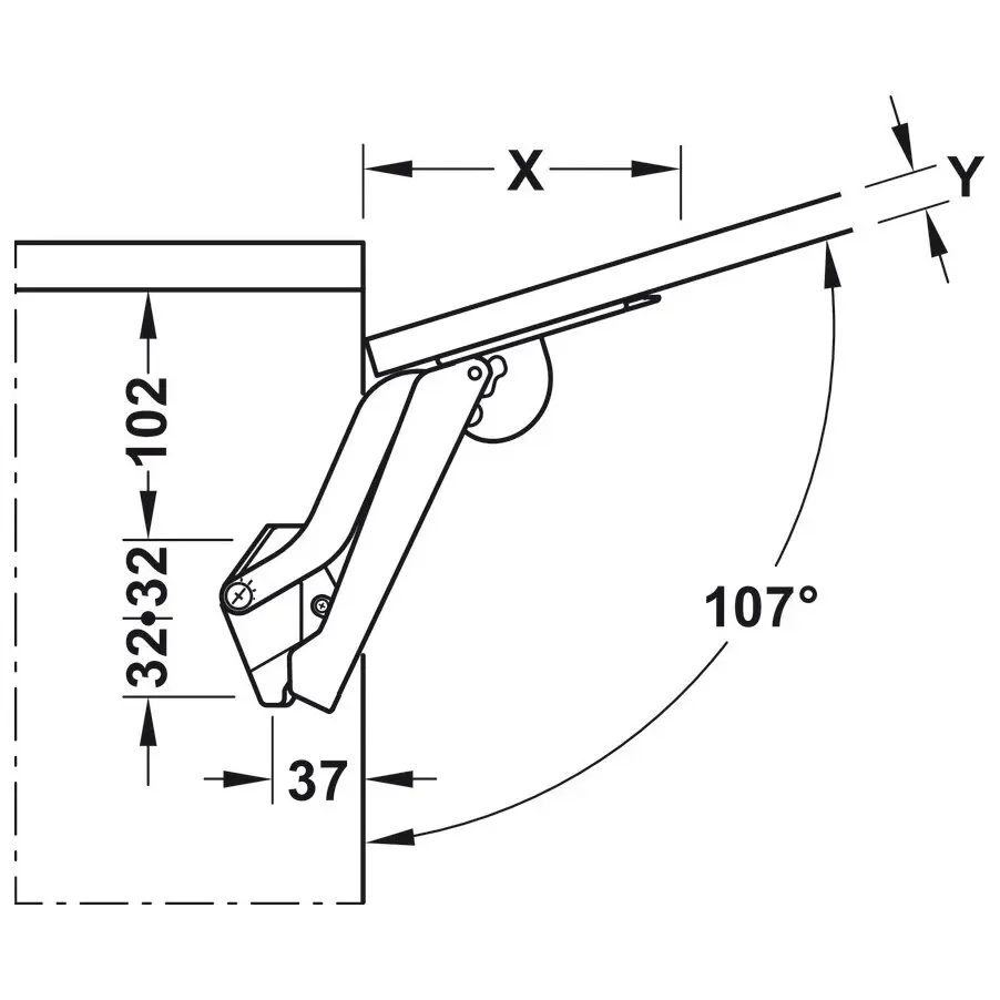 Technische Zeichnung eines Hochklappbeschlags Free space 1.11; Türflügel wird von Armmechanismus gehalten, Maße X und Y, Öffnungswinkel 107°