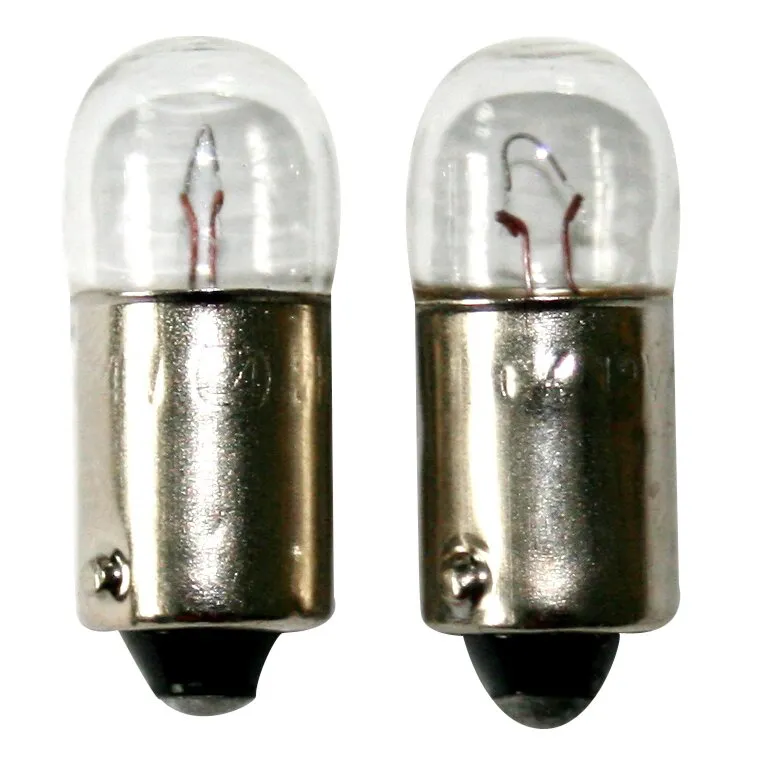 Zwei T4W-Glühlampen mit transparentem Glaskolben, sichtbarem Glühdraht und silbernem Metallsockel in Seitenansicht
