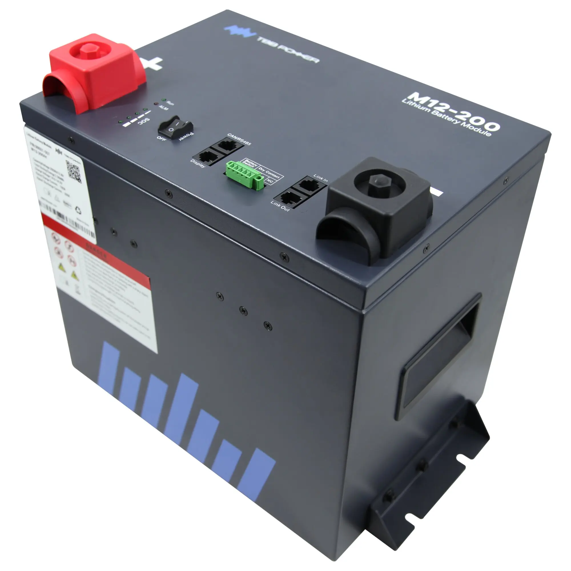 Nahaufnahme eines grauen M12-200 Lithium Battery Module mit rotem Hauptanschluss, grünem Anschlussblock, Displayfenster und Link-In/Link-Out Anschlüssen