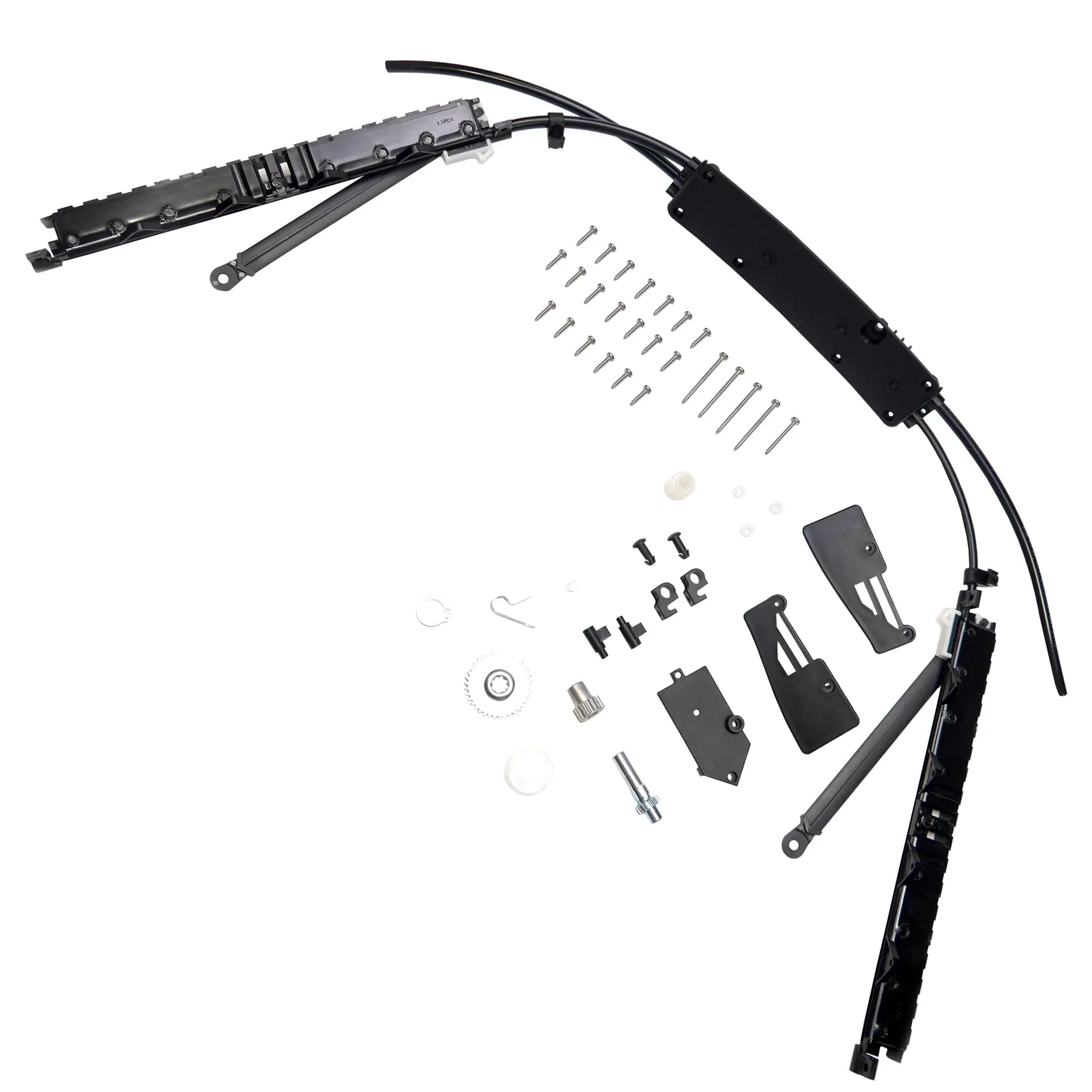 Montagekit für REMItop Vario II 700 x 500 mm, mit schwarzen Führungsschienen, Halterungen, Schrauben, Unterlegscheiben und Kleinteilen