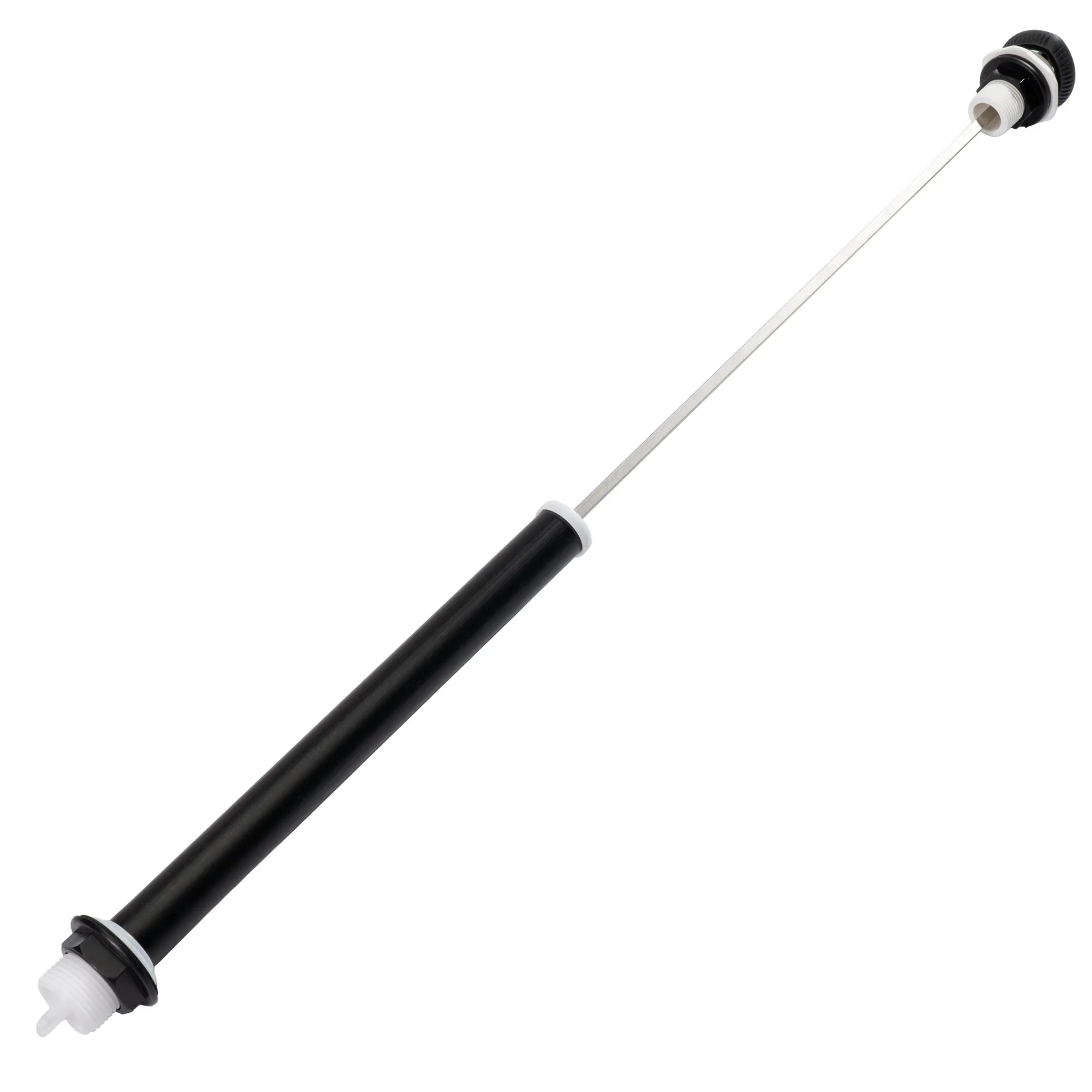 Langes Metallrohr mit schwarzem Griff, oben weißer Gewinde-Adapter, unten weiße Auslassdüse am Rohrende