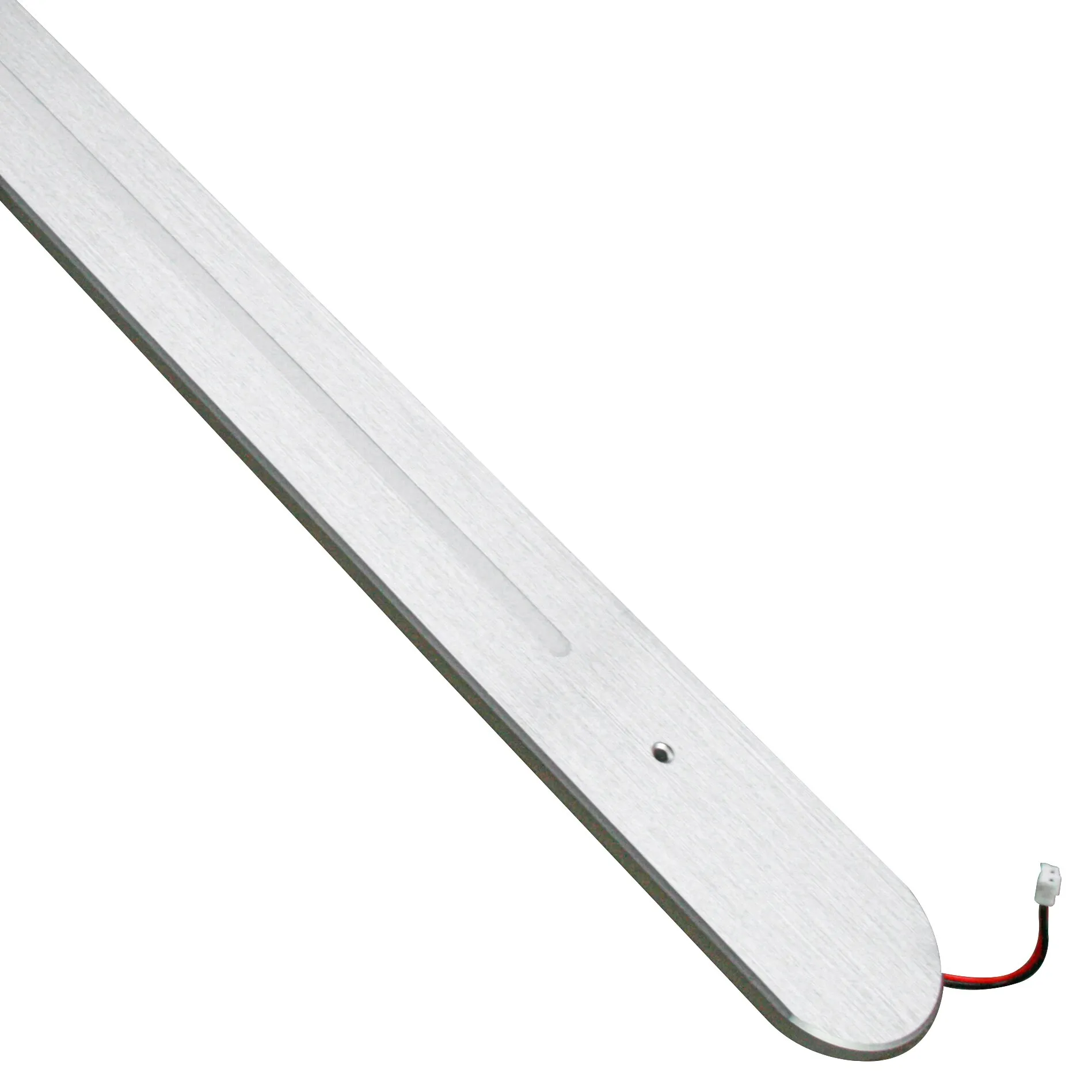 Silberne, längliche LED-Fahrerhausbeleuchtung mit abgerundetem Ende, Anschlusskabel und weißem Steckverbinder