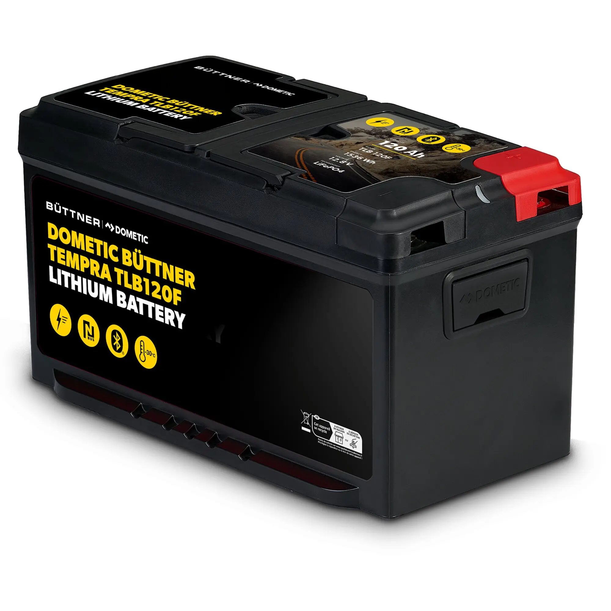 Schwarze Lithiumbatterie mit rotem Positivpoldeckel rechts, Oberseite mit gelben Symbolen und Beschriftung Lithium Battery 120 Ah