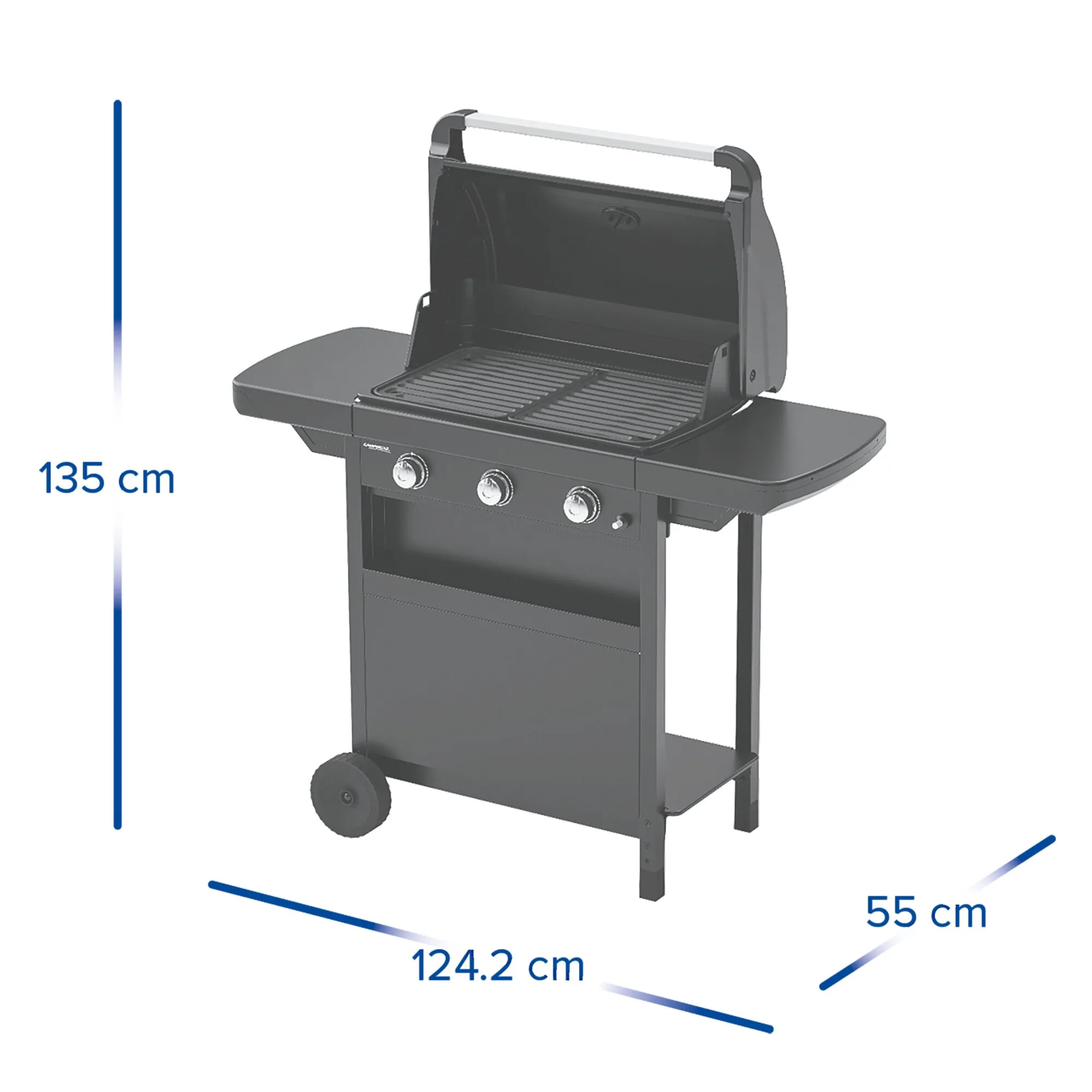 Gasgrill Compact 3 L in Schwarz mit geöffnetem Deckel, drei Brennerreglern, zwei Seitentischen, Rollen und Maßen 124,2 × 55 × 135 cm