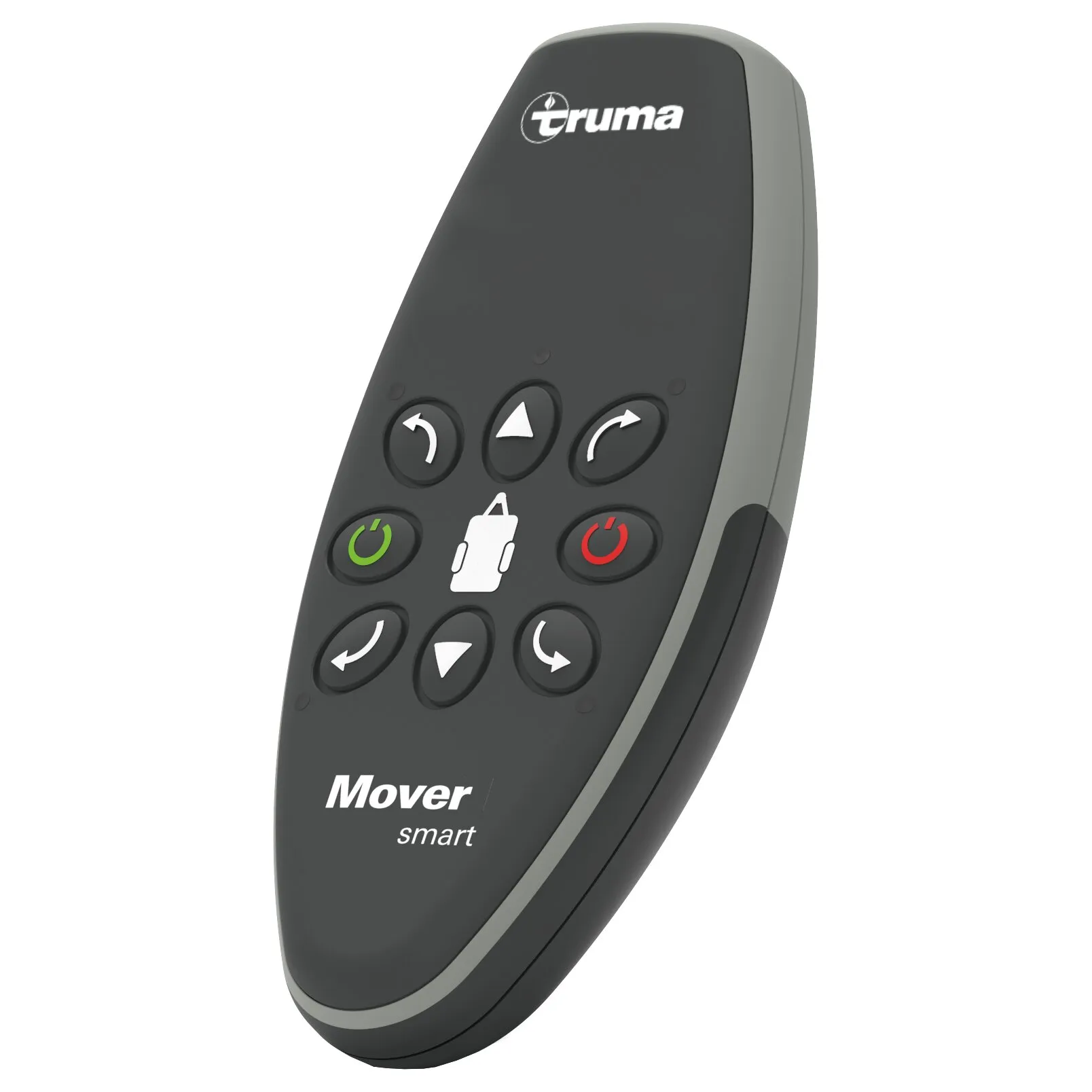 Schwarze Truma Mover smart M Fernbedienung mit grauem Rand, Richtungstasten und grün-roten Ein-/Aus-Tasten