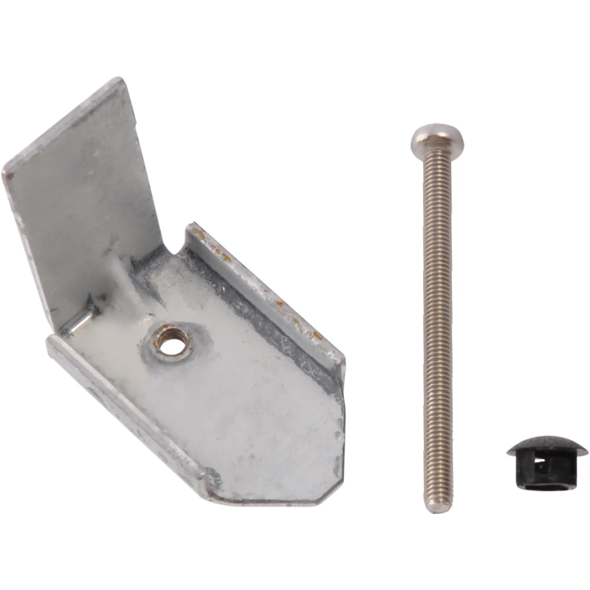 Metallischer L‑Winkel mit Loch, langes Gewindebolzen und schwarze Kunststoffkappe – sichtbare Komponenten eines Befestigungs-Kits für Thetford Triangle Basic Line