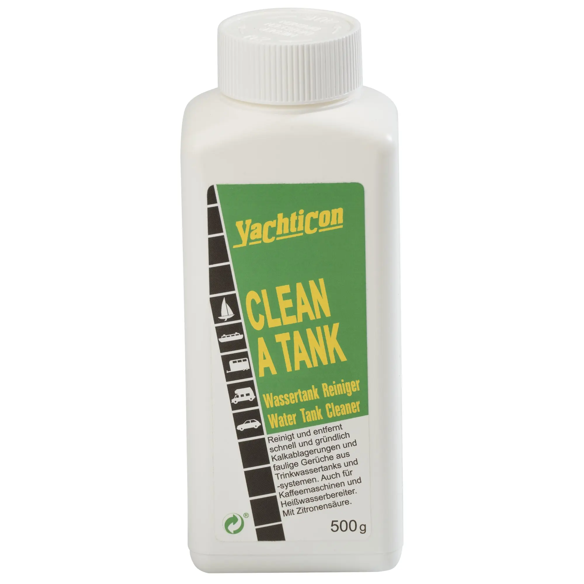 Weiße Kunststoffflasche mit Schraubdeckel, grün-gelbes Etikett zeigt Yachticon CLEAN A TANK, links eine vertikale Reihe Symbole, Hinweis 500 g