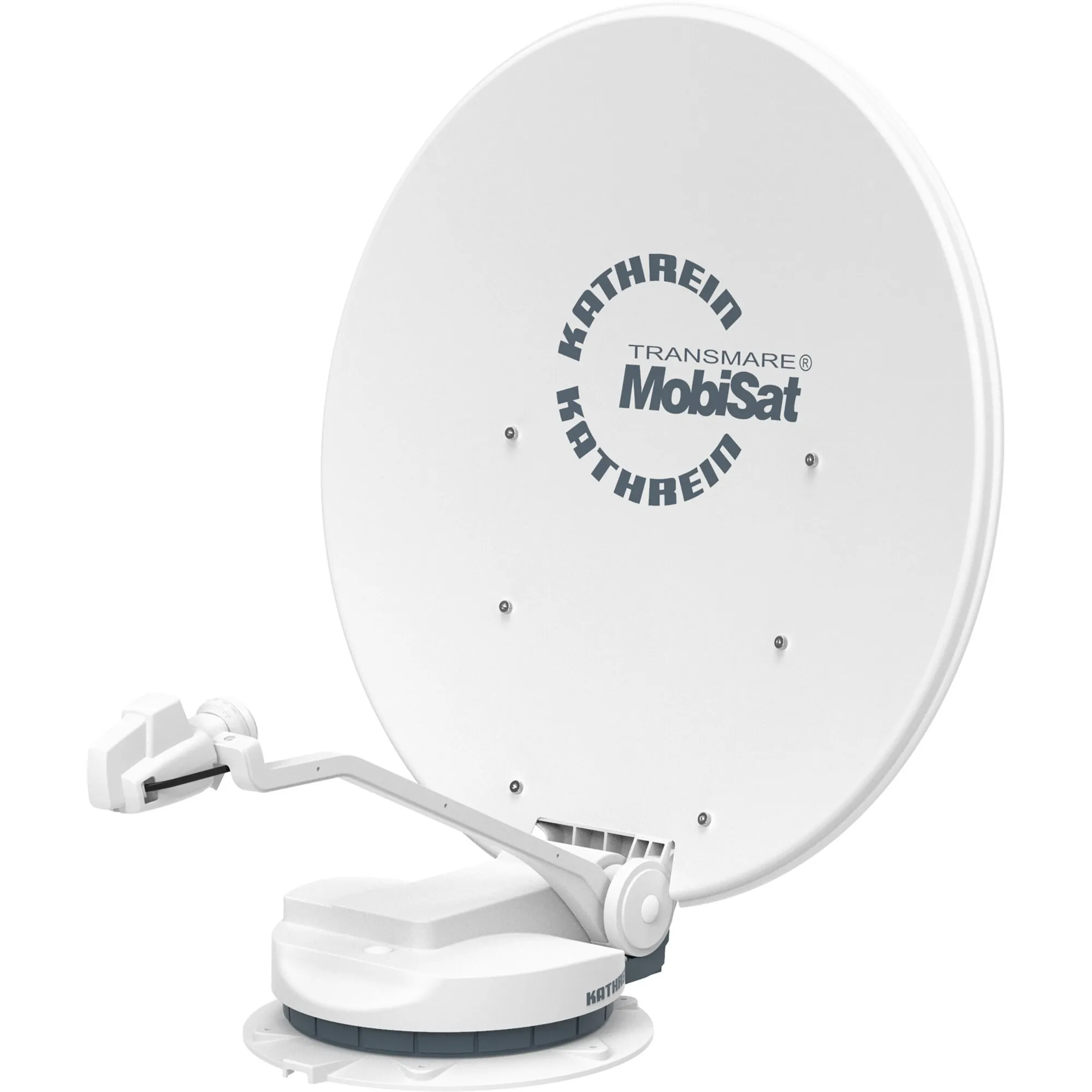 Weiße motorisierte Satellitenantenne Kathrein CAP 850 GPS mit runder Schüssel und MobiSat-Logo auf weißem Hintergrund