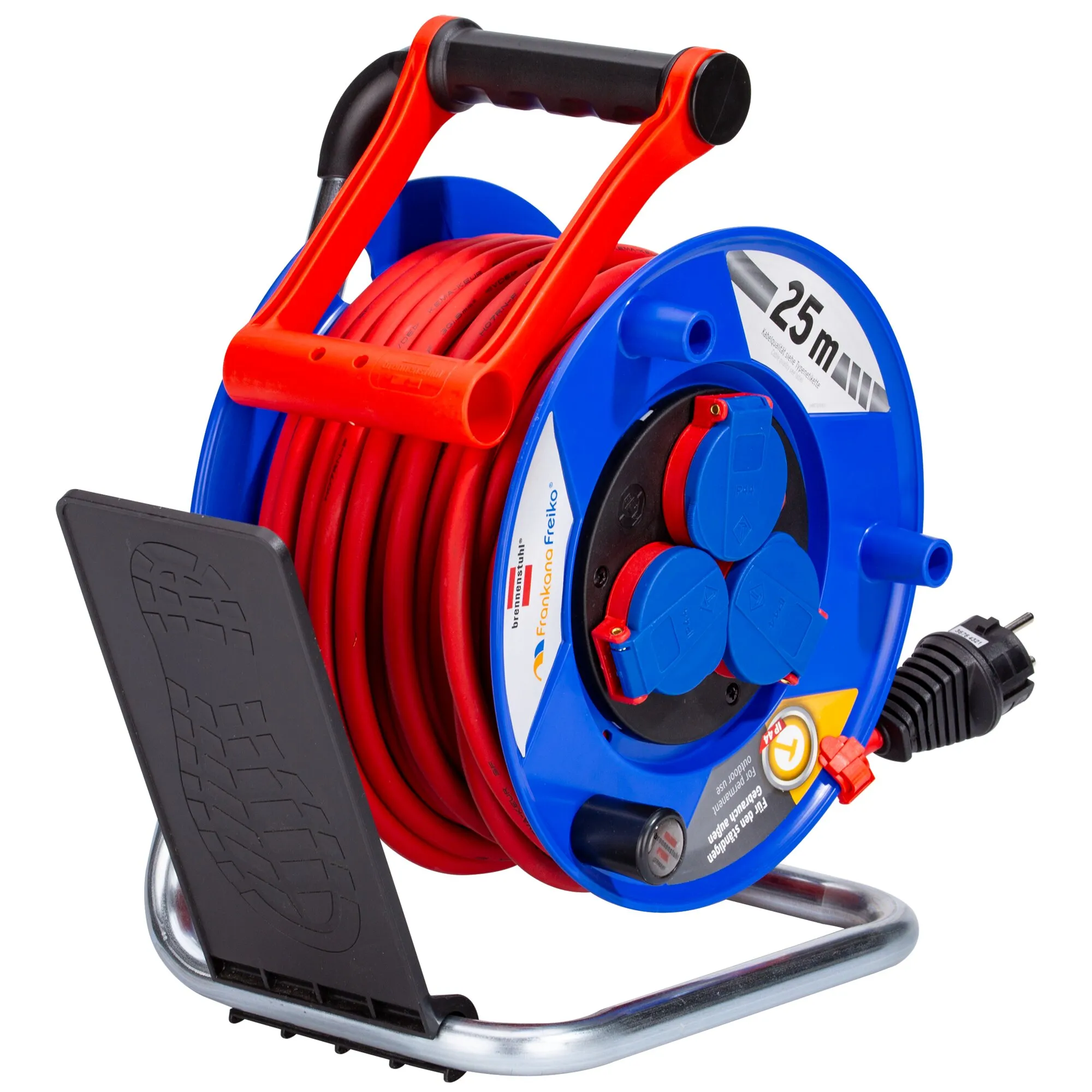 Blaue Kabeltrommel Schuko 240 mit rotem 25-Meter-Kabel, vier Steckdosen, Thermoschutzschalter und Metallgestell