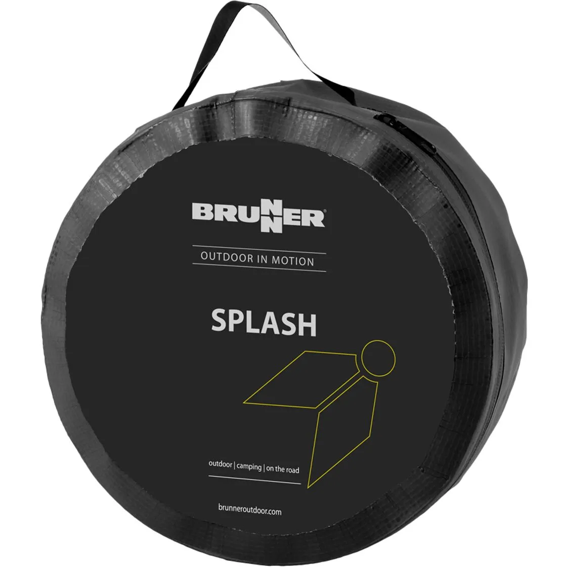 Schwarze runde Outdoor-Druckdusche Splash von Brunner mit Tragegriff, Reißverschluss und Herstelleraufdruck malembe