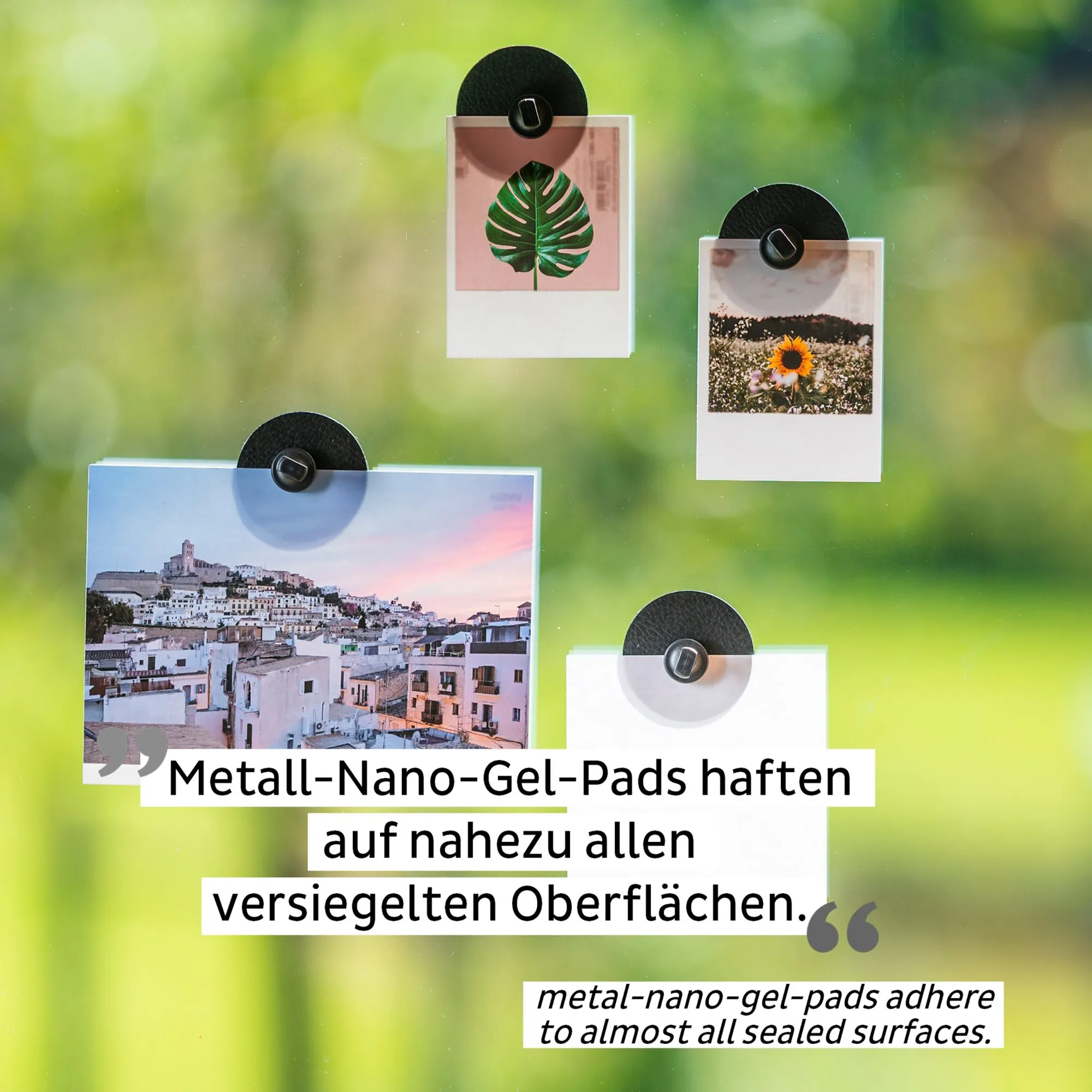 Vier runde schwarze Magnet-Pins FLEX halten Fotos von Monstera, Sonnenblume und Stadtansicht auf einer grünen Oberfläche