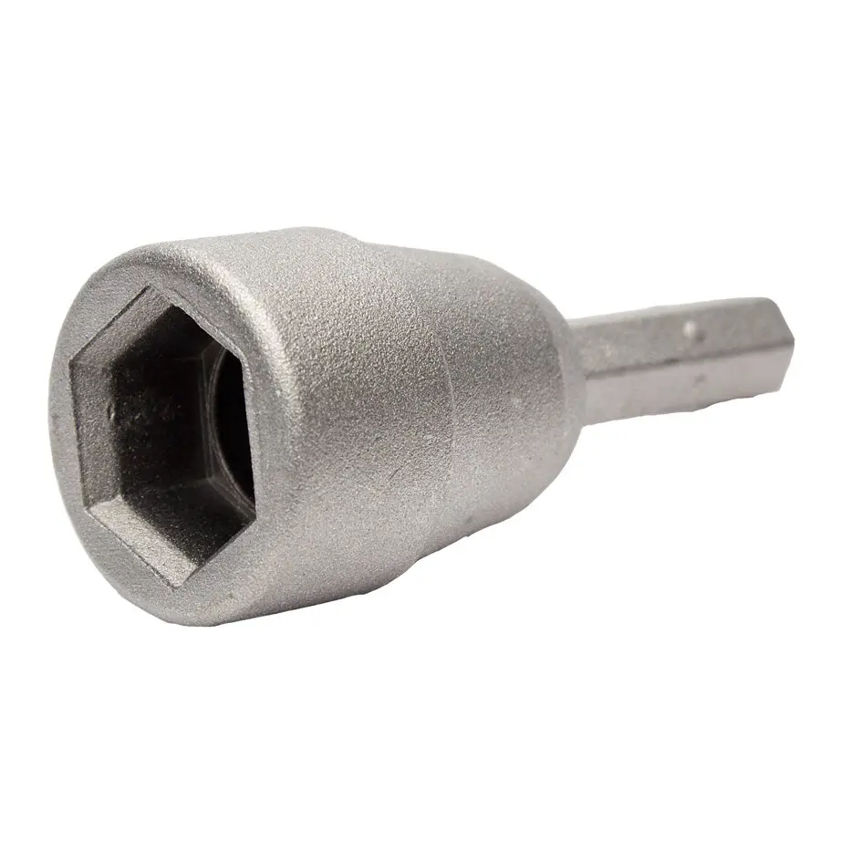 PP Adapter Tool aus Metall, zylindrischer Körper mit grober Oberfläche, vorne Innen-Sechskantöffnung und schmaler, rechteckiger Schaft am hinteren Ende