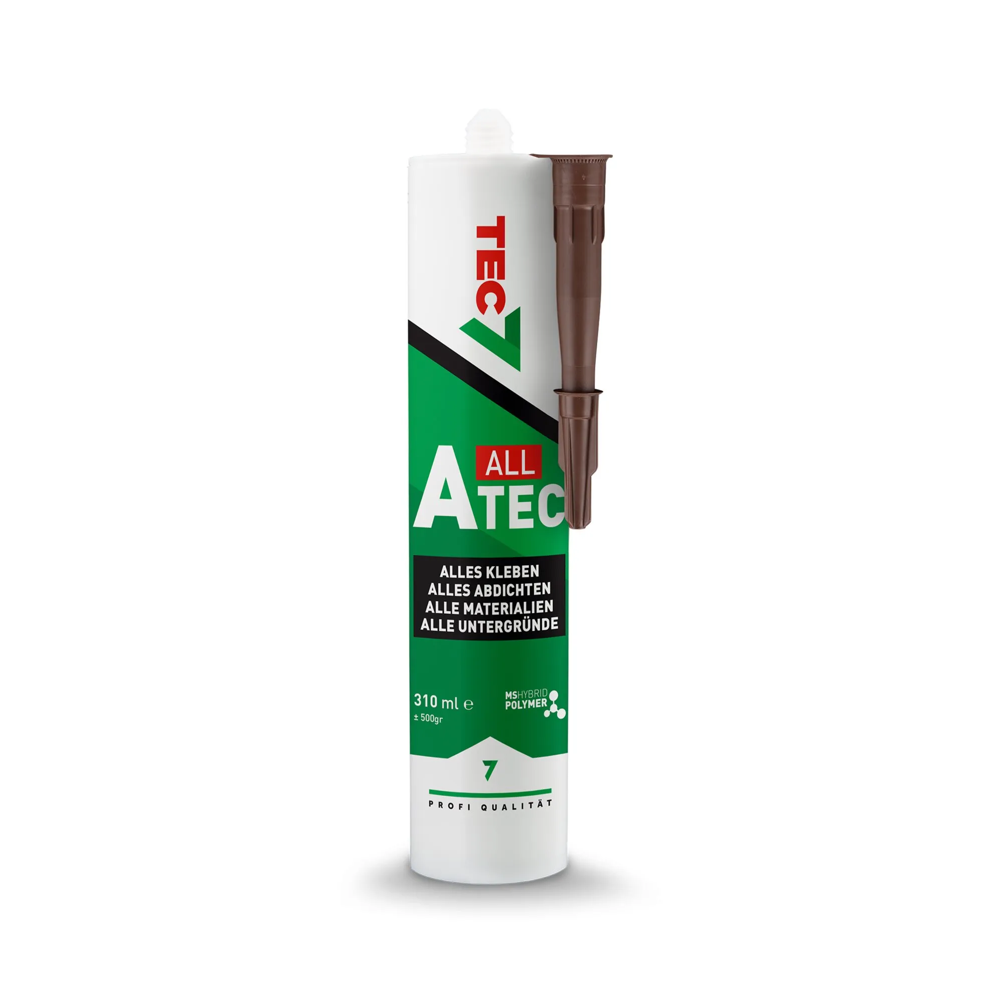 Braune ATEC-Klebstoff- und Dichtmittel-Kartusche mit 310 ml Inhalt und aufgesteckter brauner Düse