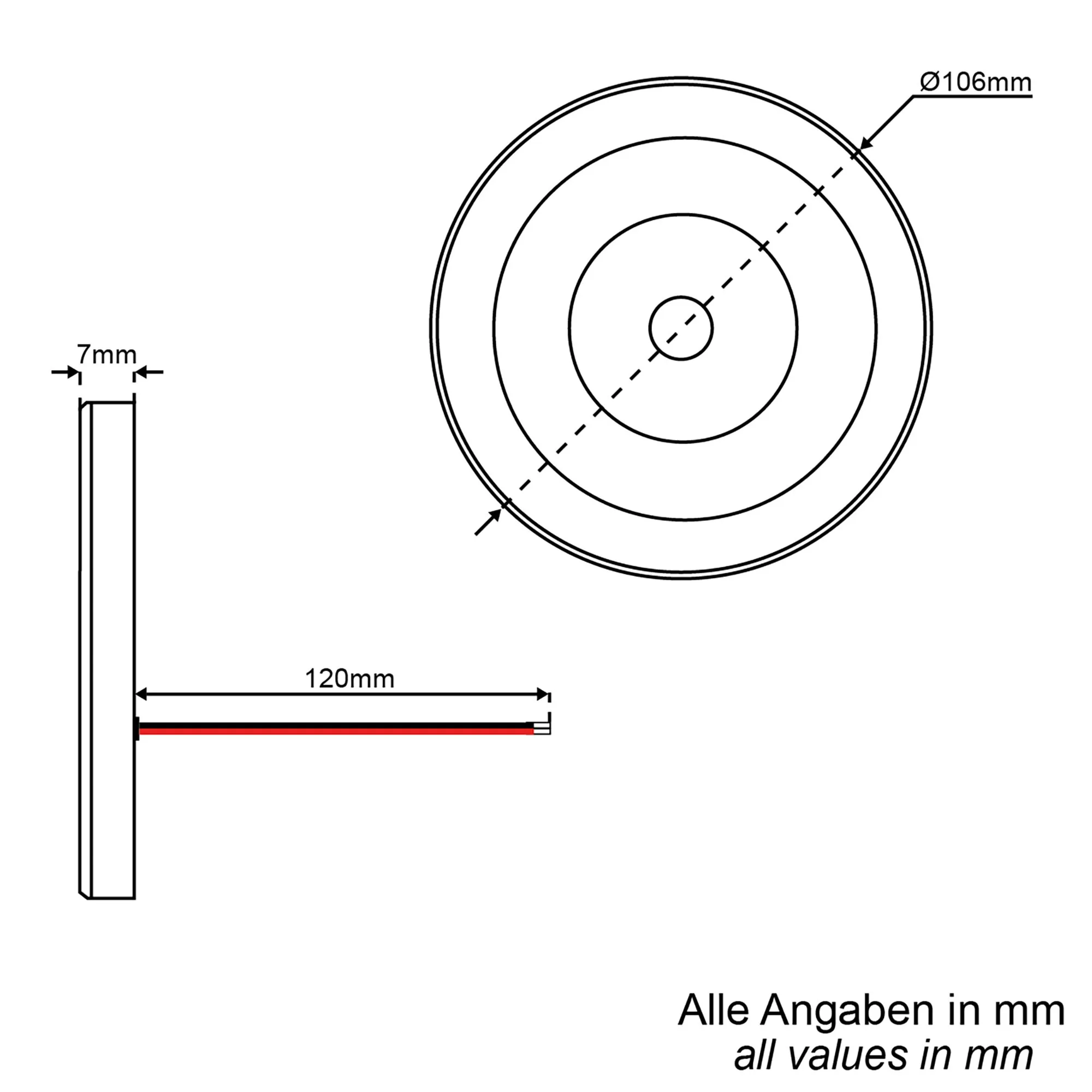 Technische Zeichnung einer runden chromfarbenen Aufbauleuchte mit 106 mm Durchmesser, 7 mm Höhe und 120 mm Anschlusskabel