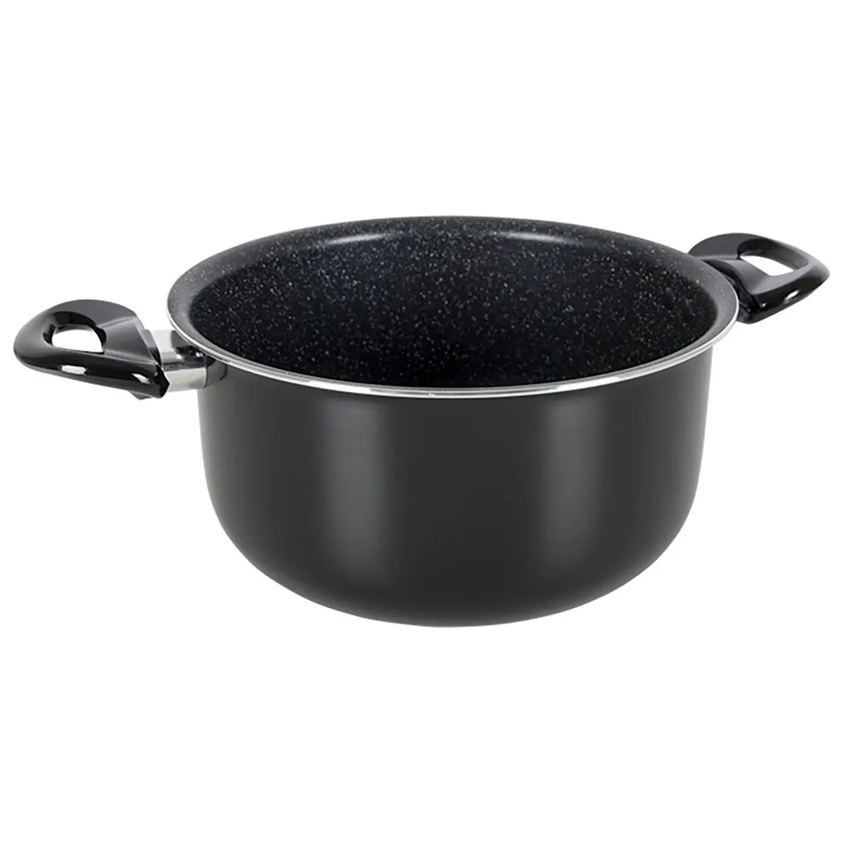 Schwarzer Kochtopf mit graniteffektierter Innenbeschichtung, runde Form, zwei seitliche Griffe und metallischem Rand