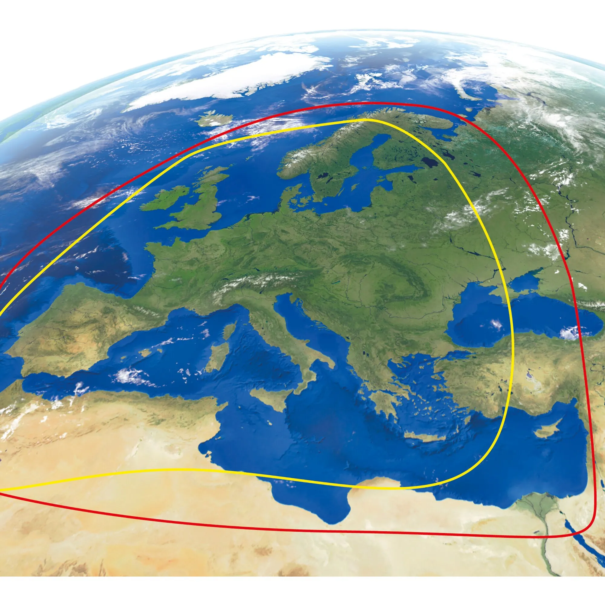 Satelliten-Empfangskarte für die Sat-Anlage V 85 Vision Twin mit roten und gelben Ausleuchtzonen über Europa, Nordafrika und dem Mittelmeer