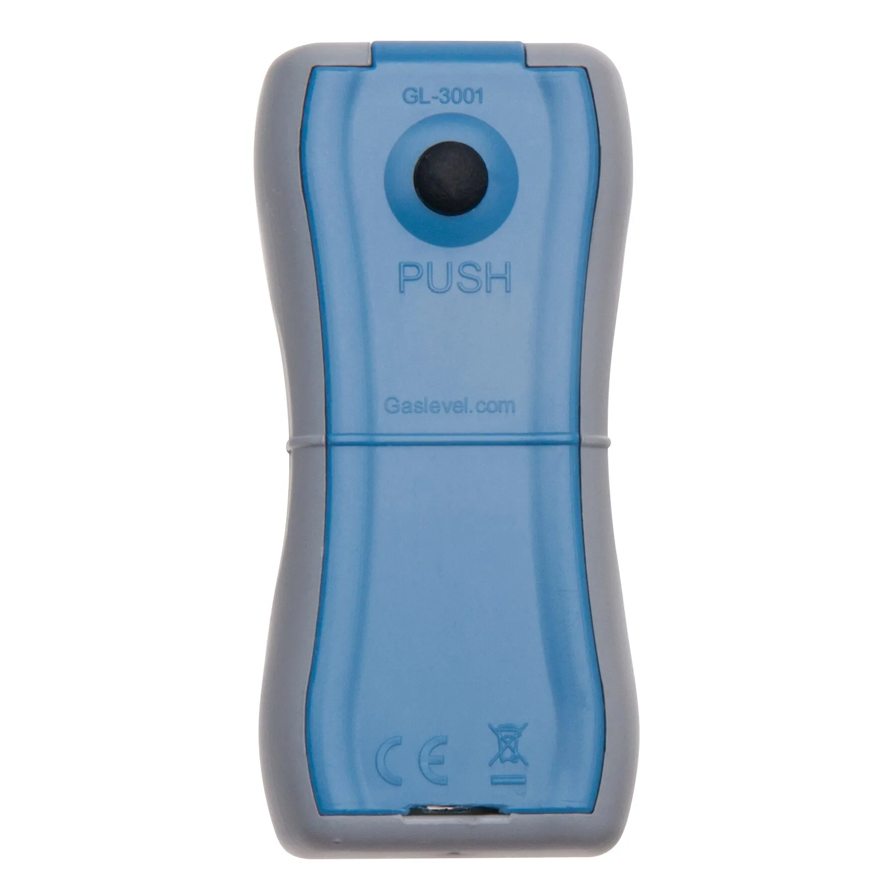Blaue Gaslevel-Füllstandsanzeige GL-3001 für Gasflaschen mit schwarzer Drucktaste und grauem Gehäuse