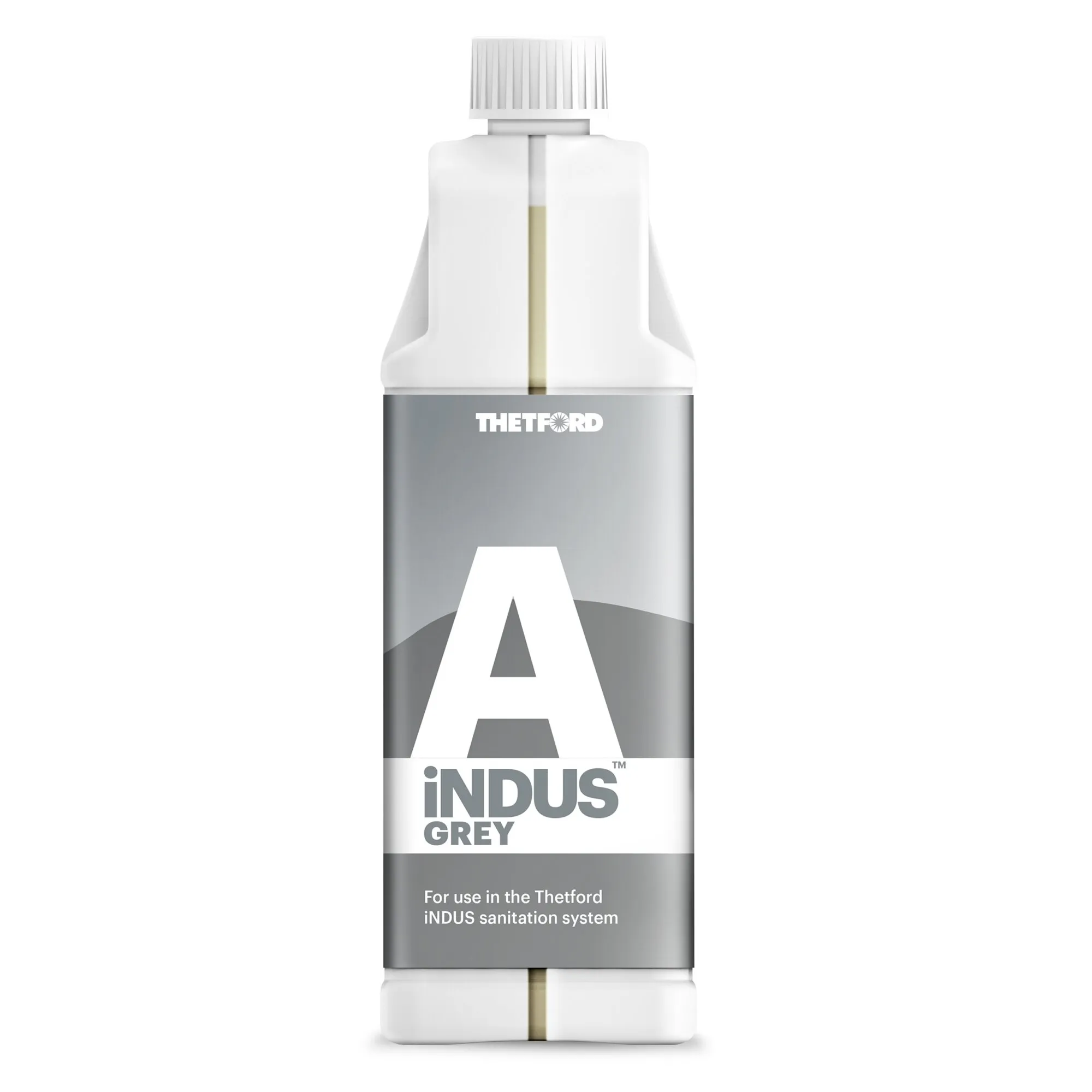 Weiße Flasche mit geriffeltem Verschluss und grauem Etikett von Thetford, Sanitärzusatz iNDUS Grey für iNDUS-Sanitärsysteme
