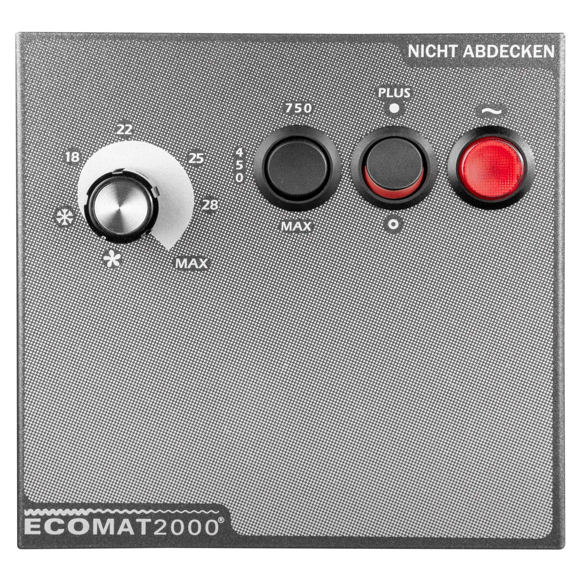 Nahaufnahme des Bedienfelds des Heizgeräts Ecomat 2000 Classic Plus mit Thermostat, zwei Schaltern und roter Kontrollleuchte