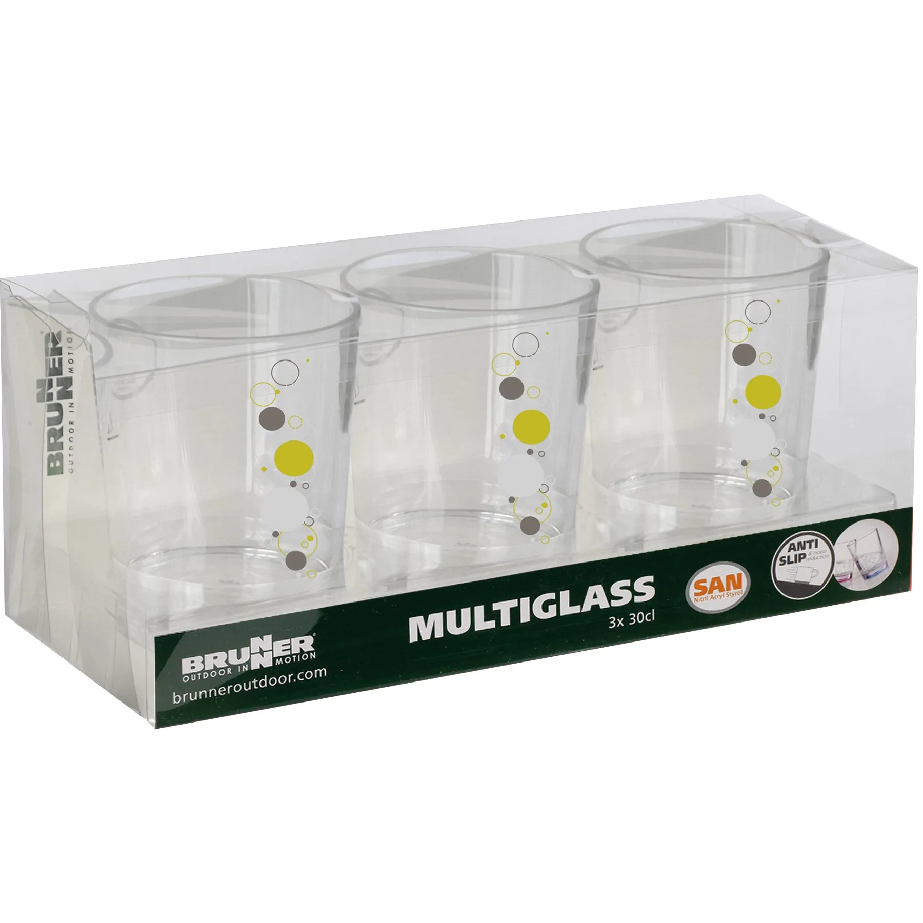 Drei transparente Trinkgläser der Geschirrserie Space mit grauem und gelbem Kreismuster in Kunststoffverpackung, je 300 ml