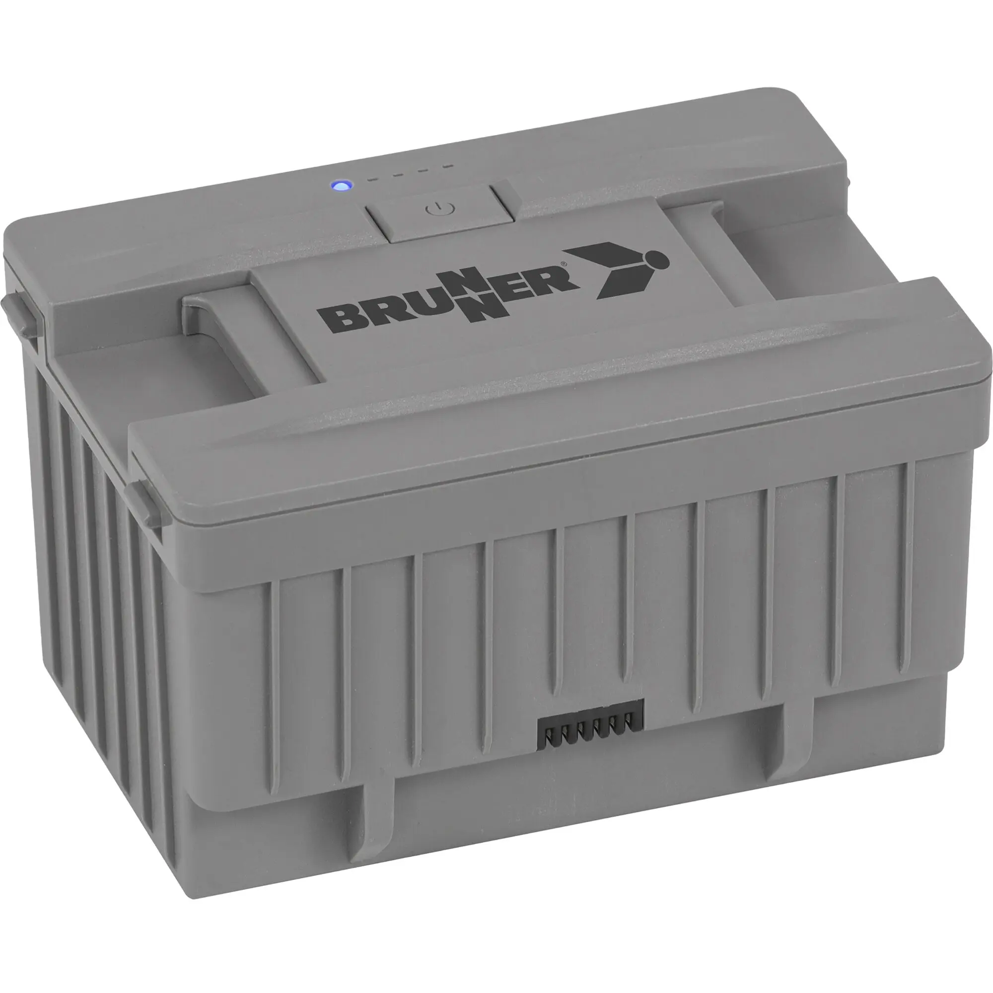 Grauer rechteckiger Akku mit Power-Taste oben, blauer LED-Indikator und vier Status-LEDs, Steckverbinder sichtbar