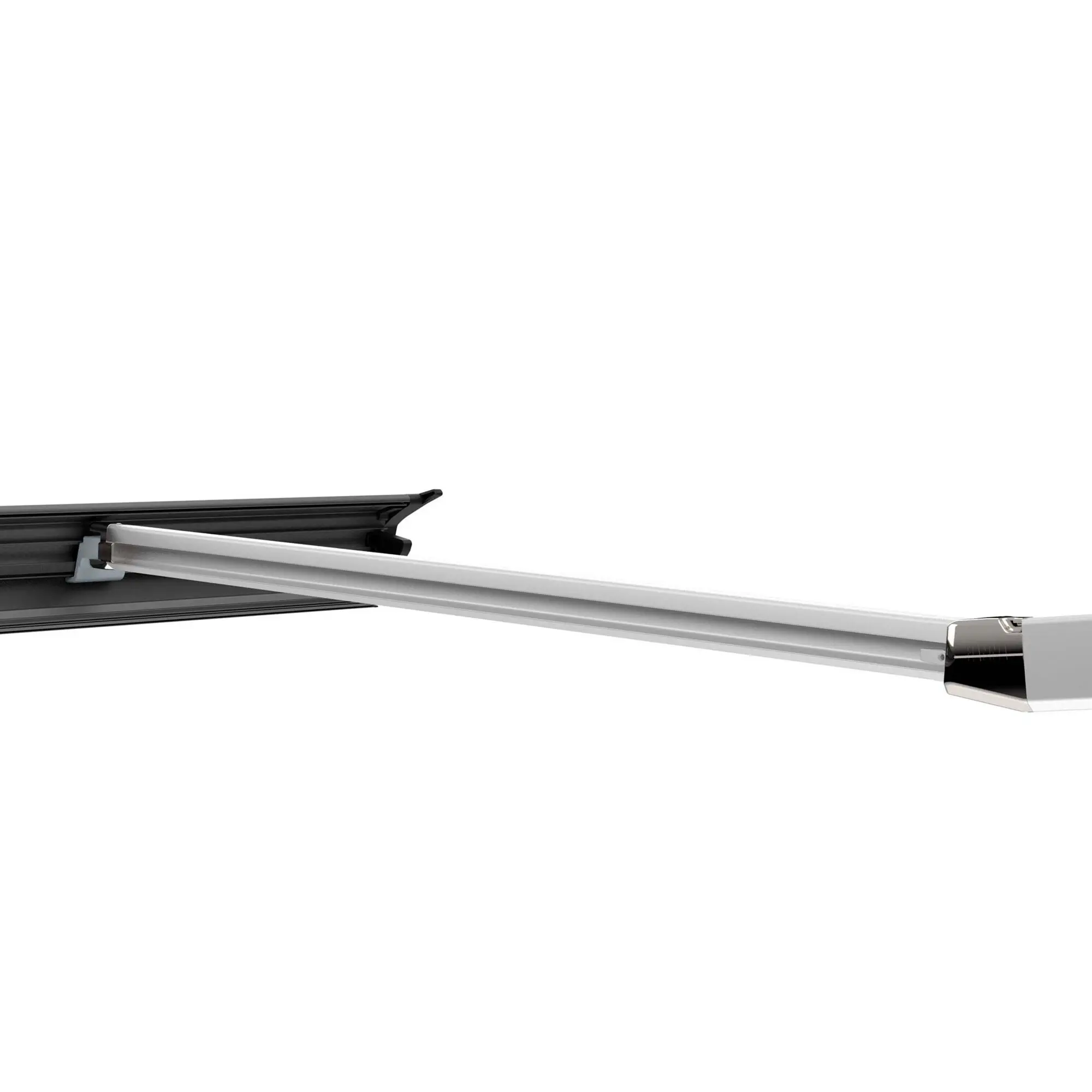 Detailaufnahme eines Teleskoparms Rafter F80 L aus Metall, lange graue Schiene mit schwarzer Führung, sichtbares Gelenk am Ende