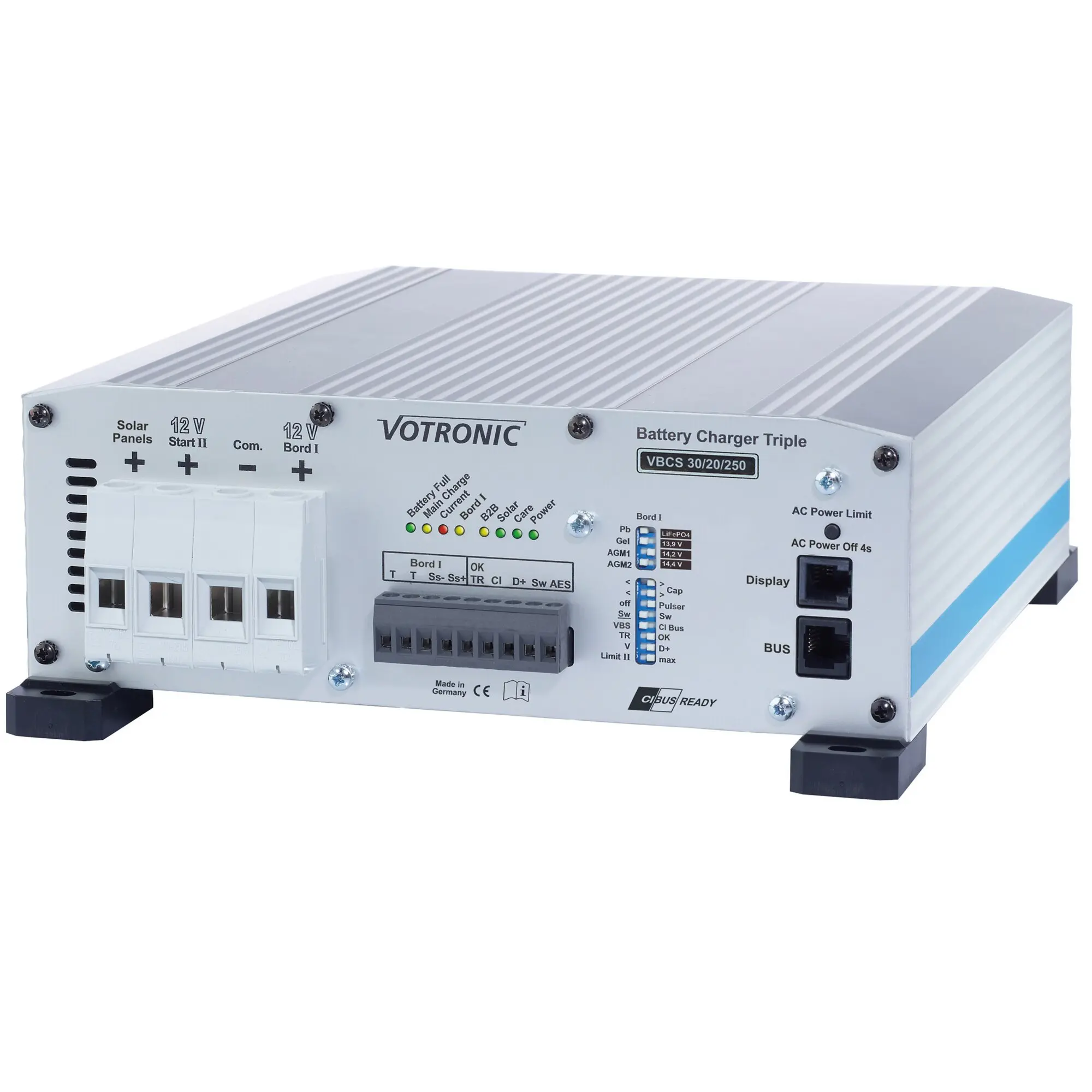 VOTRONIC VBCS 30/20/250 Battery Charger Triple Gehäuse aus Metall mit Front-Terminalblöcken, LEDs und Beschriftungen Solar Panels, 12 V