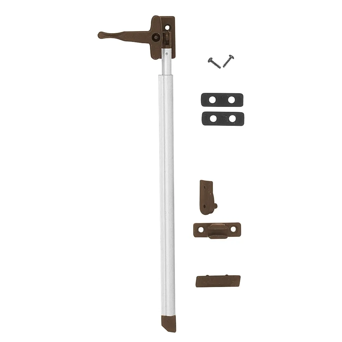 Automatik-Fensteraussteller mit Verschluss, links 280 mm, silberne Stange mit braunem Verschlusshebel; Montagesatz mit Schrauben und Platten
