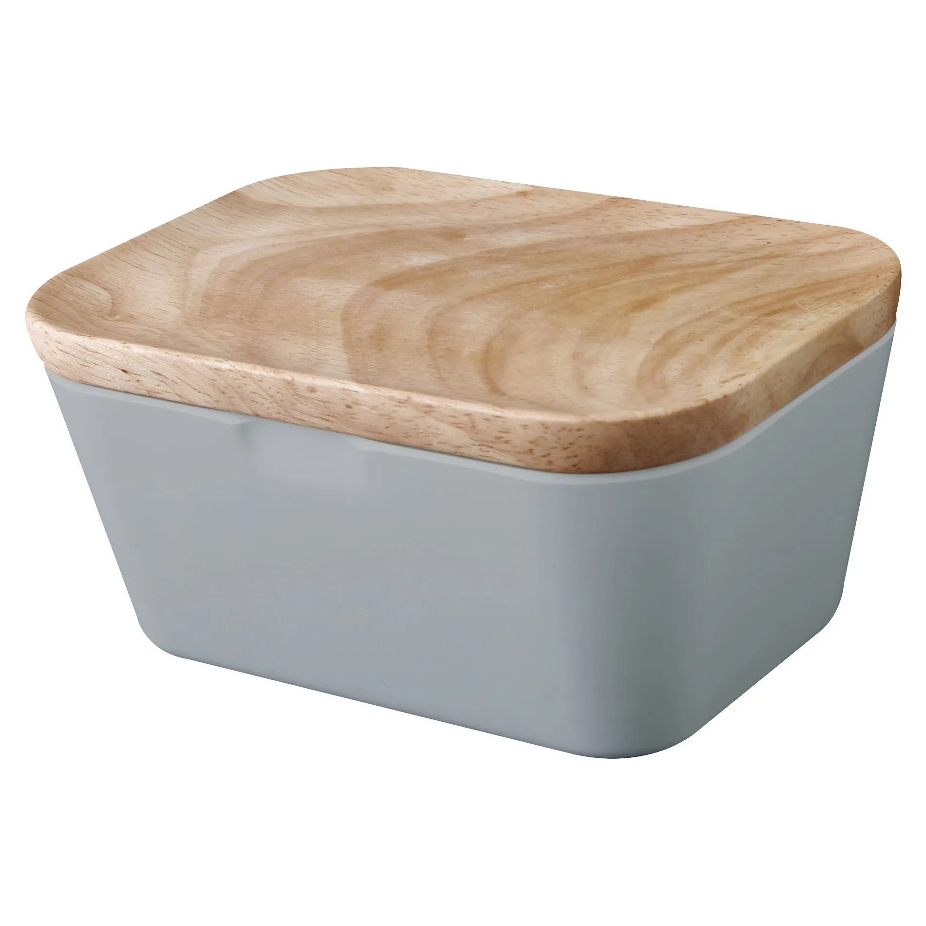 Graue Butterdose mit abgerundeten Ecken und Deckel aus hellem Holz in rechteckiger Form