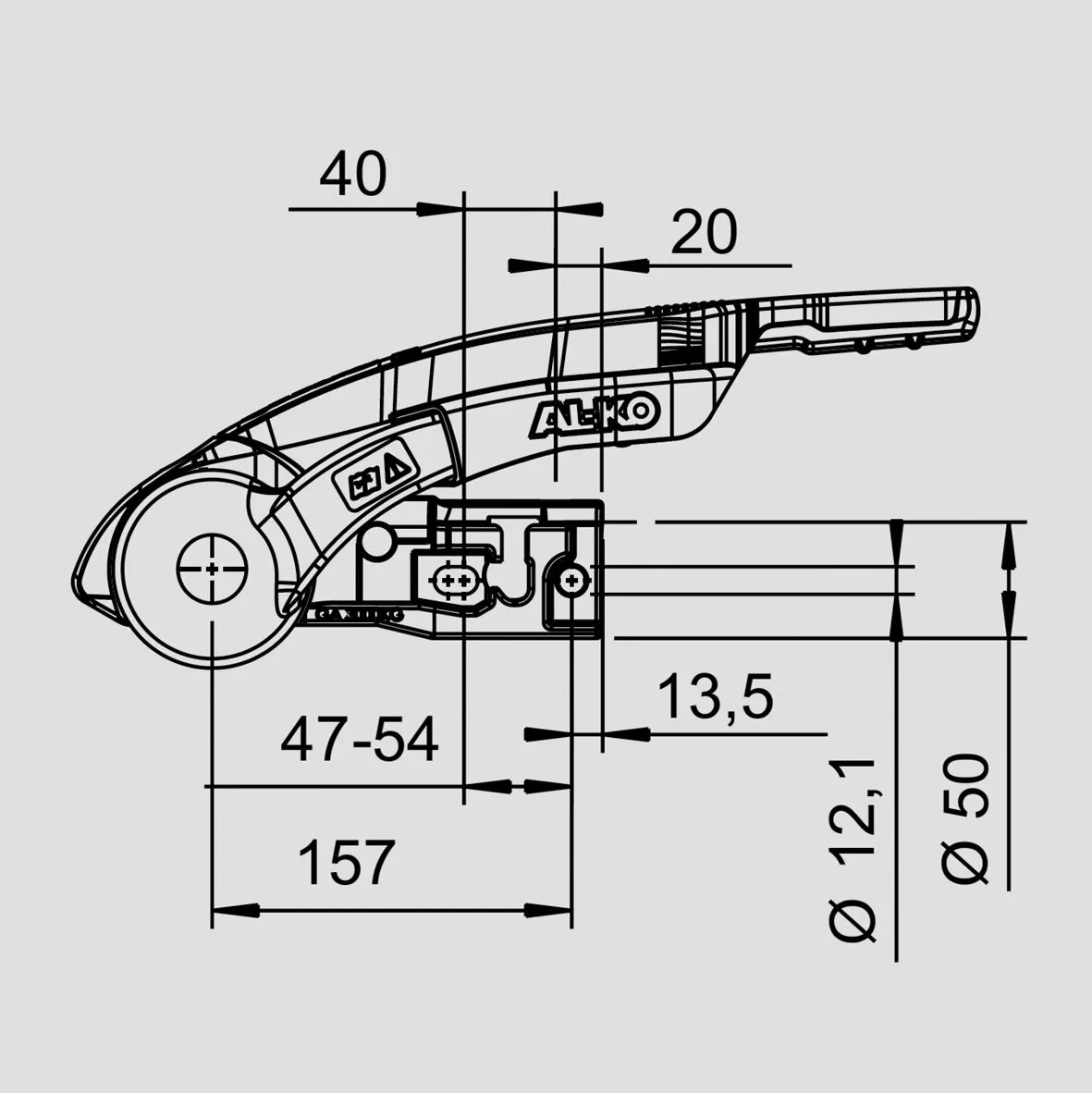 Technische Seitenansicht der Sicherheitskupplung AKS 3004 mit Maßangaben und Bohrungen Ø 12,1 und Ø 50 mm