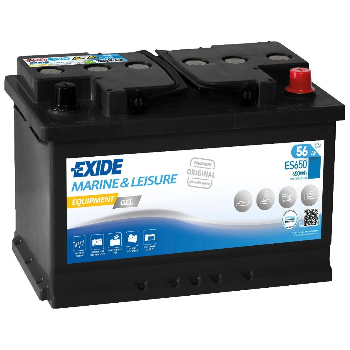 Schwarze Exide Marine-&-Leisure-GEL-Batterie Equipment ES650 mit 12 V und 56 Ah, rotem Pluspol und schwarzem Minuspol