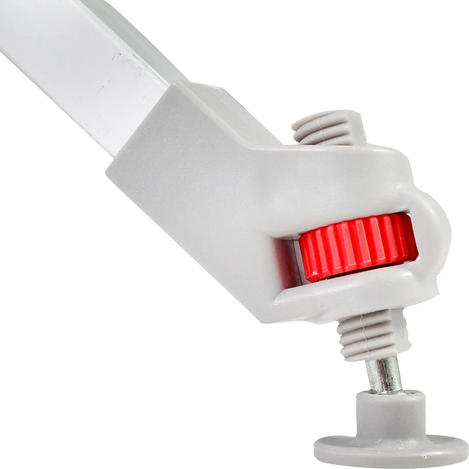 Detailaufnahme des Rolltischs Silver Gapless mit weißem Rollenmodul, rotem Rändelrad und verstellbarem Fuß