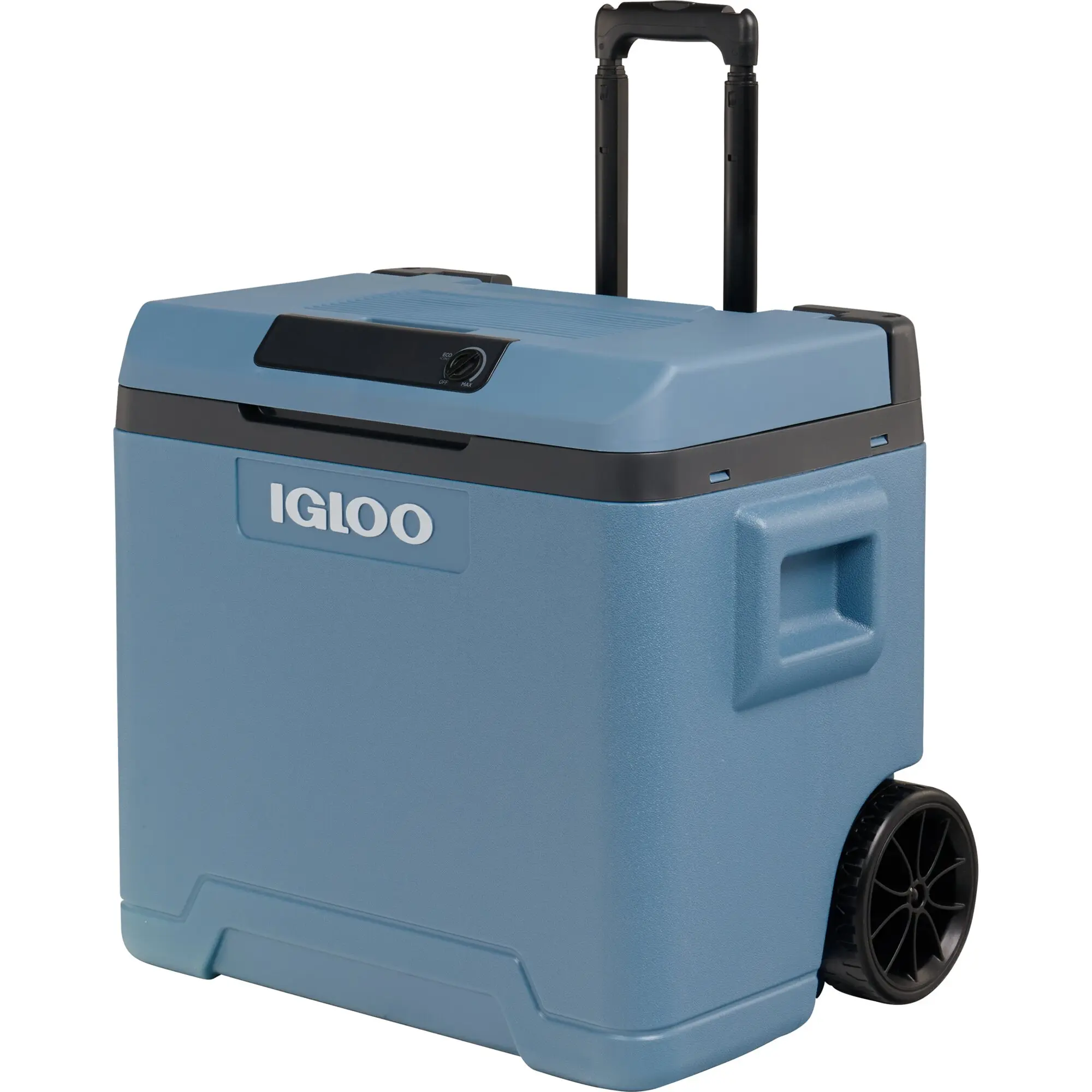 Blauer Igloo IE 42 Kühlbox mit ausziehbarem Griff, zwei vertikalen Tragstangen und Radabdeckung, Logo sichtbar