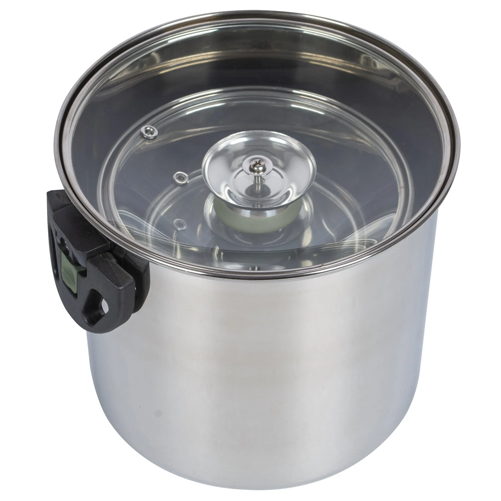 Kochtopfset Elegance Compact aus Edelstahl mit Glasdeckel, zentralem Deckelknauf und schwarzen Seitengriffen in Nahaufnahme