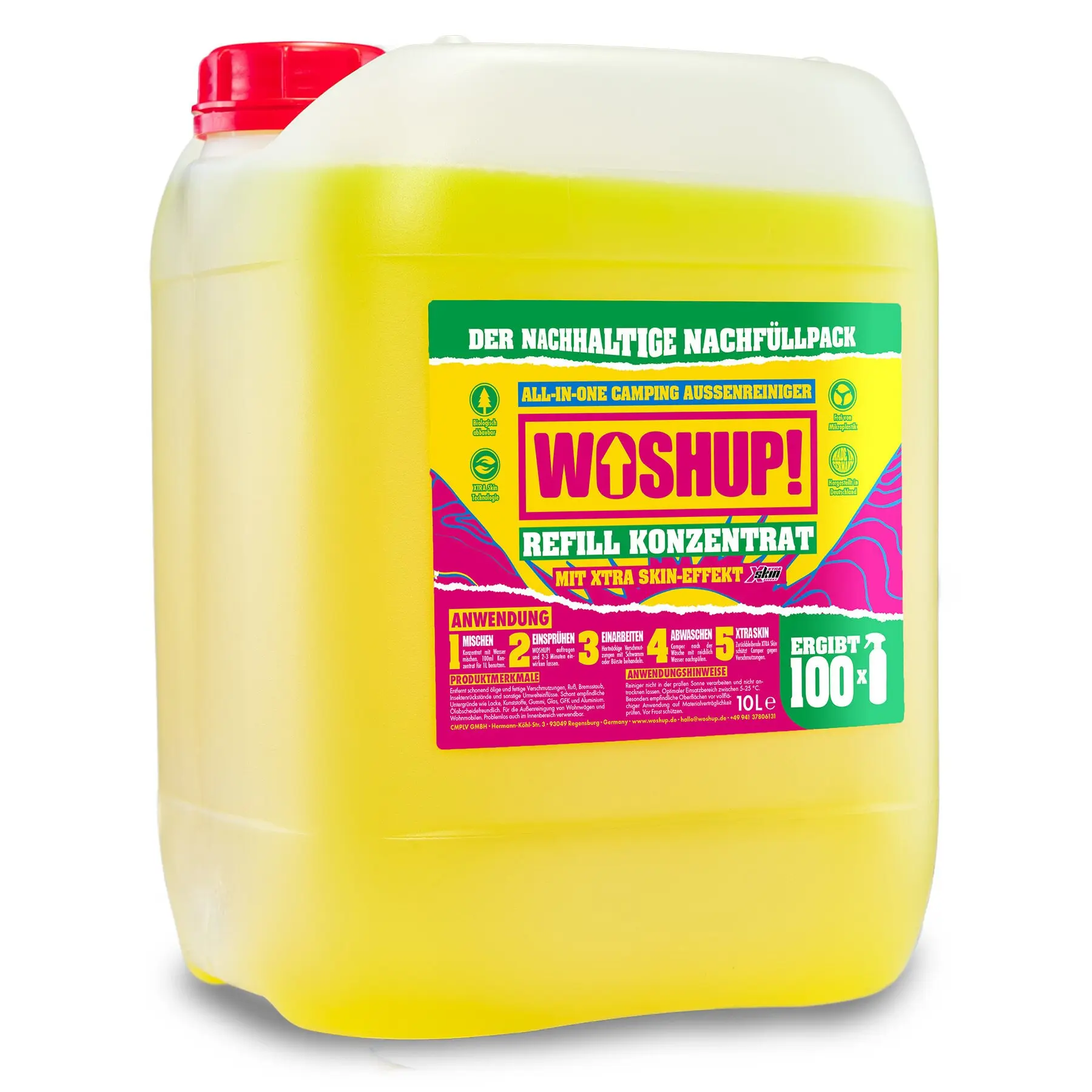 Gelber Kunststoffkanister mit rotem Deckel und buntem Etikett: WOSHUP All-in-One Camping Außenreiniger Refill Konzentrat 10 L