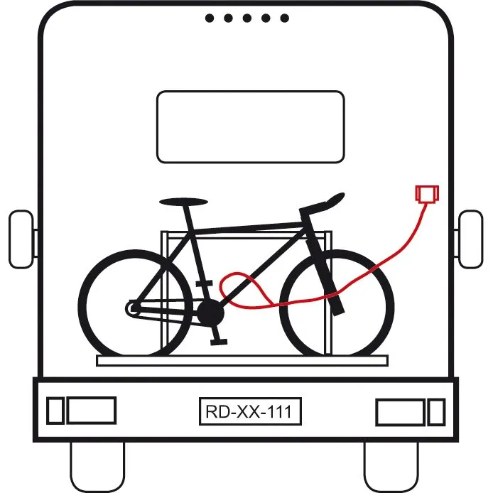 Schematische Innenansicht eines Fahrzeugs mit Fahrrad und angeschlossener Funk-Kabelschleife 868 für WiPro III, 2,50 m