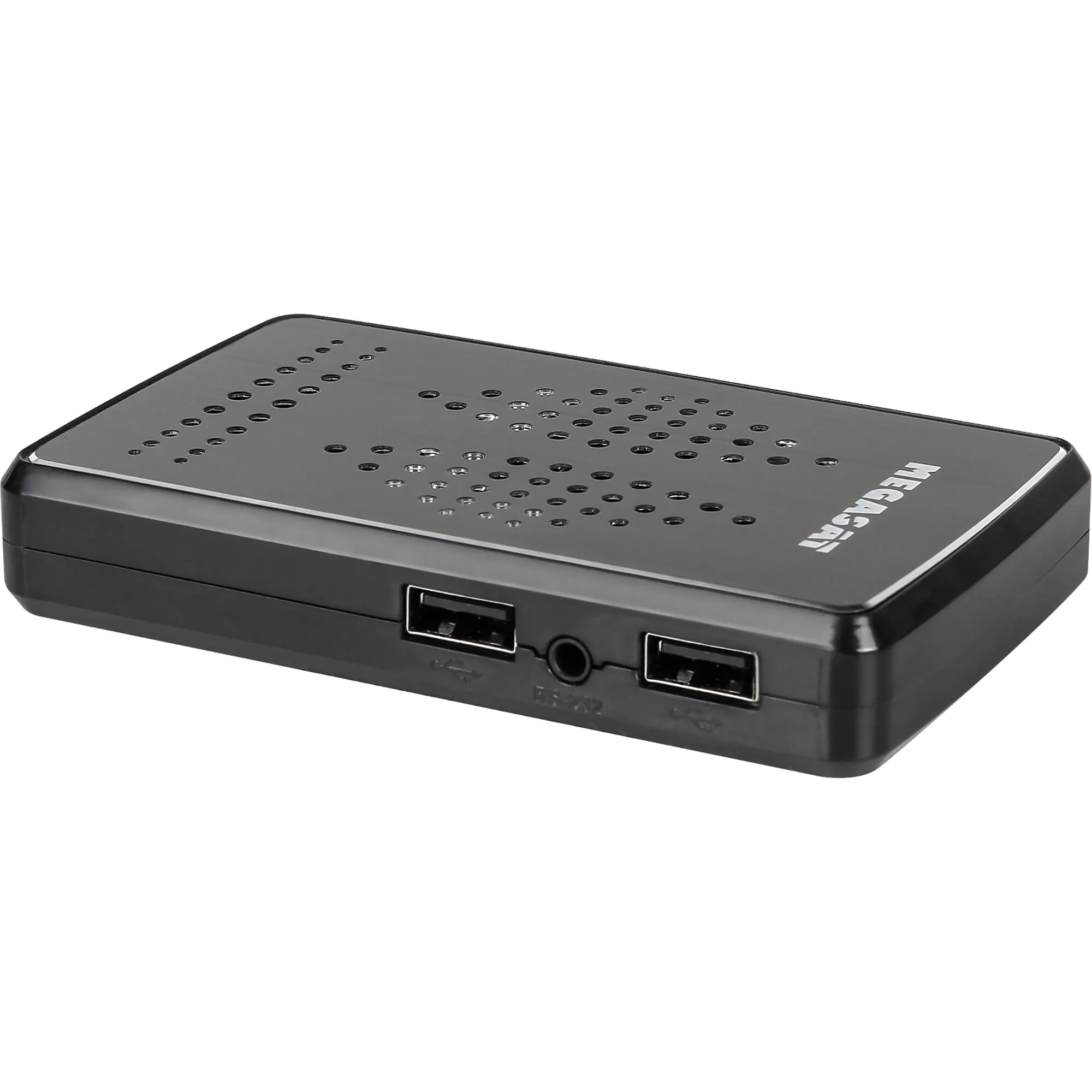 Schwarzer Megasat HD-Stick 310 V3 Sat-Receiver mit belüfteter Oberfläche, zwei USB-Anschlüssen und Audioausgang vorne