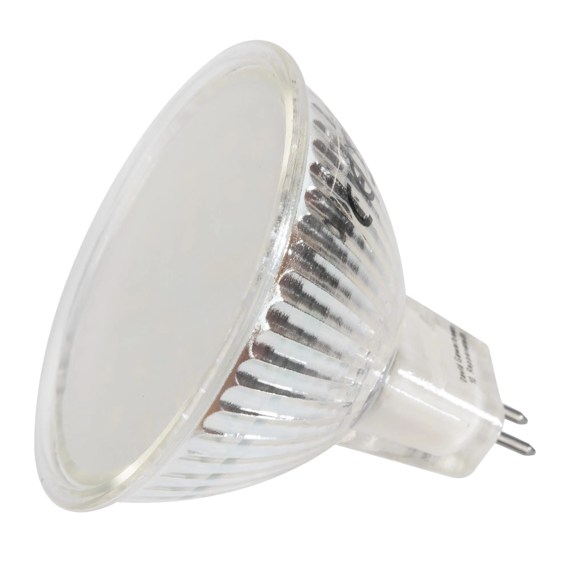 LED-Leuchtmittel GU5.3 mit rundem, milchig-weißem Reflektor, transparentem Gehäuse und zwei Metallstiften unerquicklich