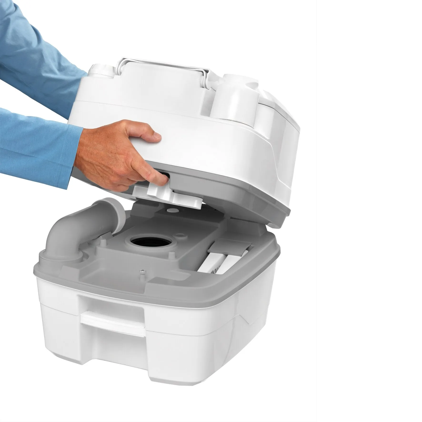 Zerlegte weiße Campingtoilette Porta Potti Serie 300 mit geöffneter Trennung von Ober- und Unterteil 
