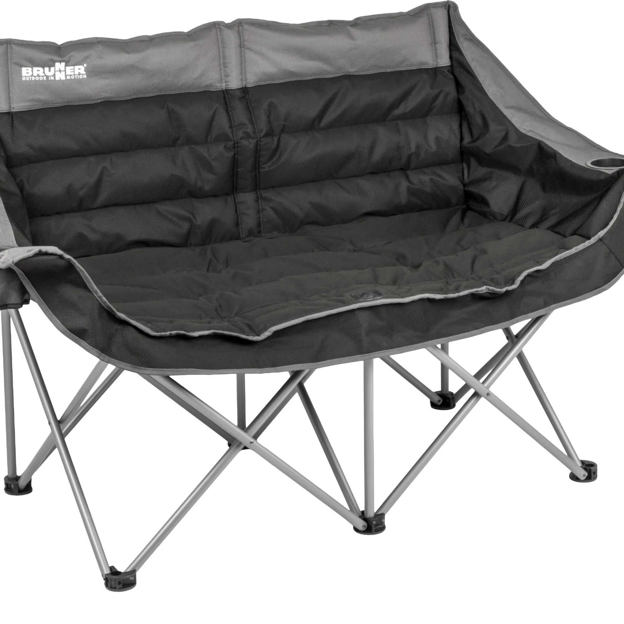Teil eines faltbaren Sofas mit gepolstertem Sitz und Rücken, schwarzer Stoff, grauen Kanten, Brunner Logo auf Bezug, Stahlgestell sichtbar