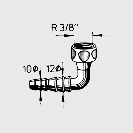 Messing Schlauchtülle mit 90°-Bogen, Barbed-Ende mit Rippen, oben Gewinde R 3/8 Zoll