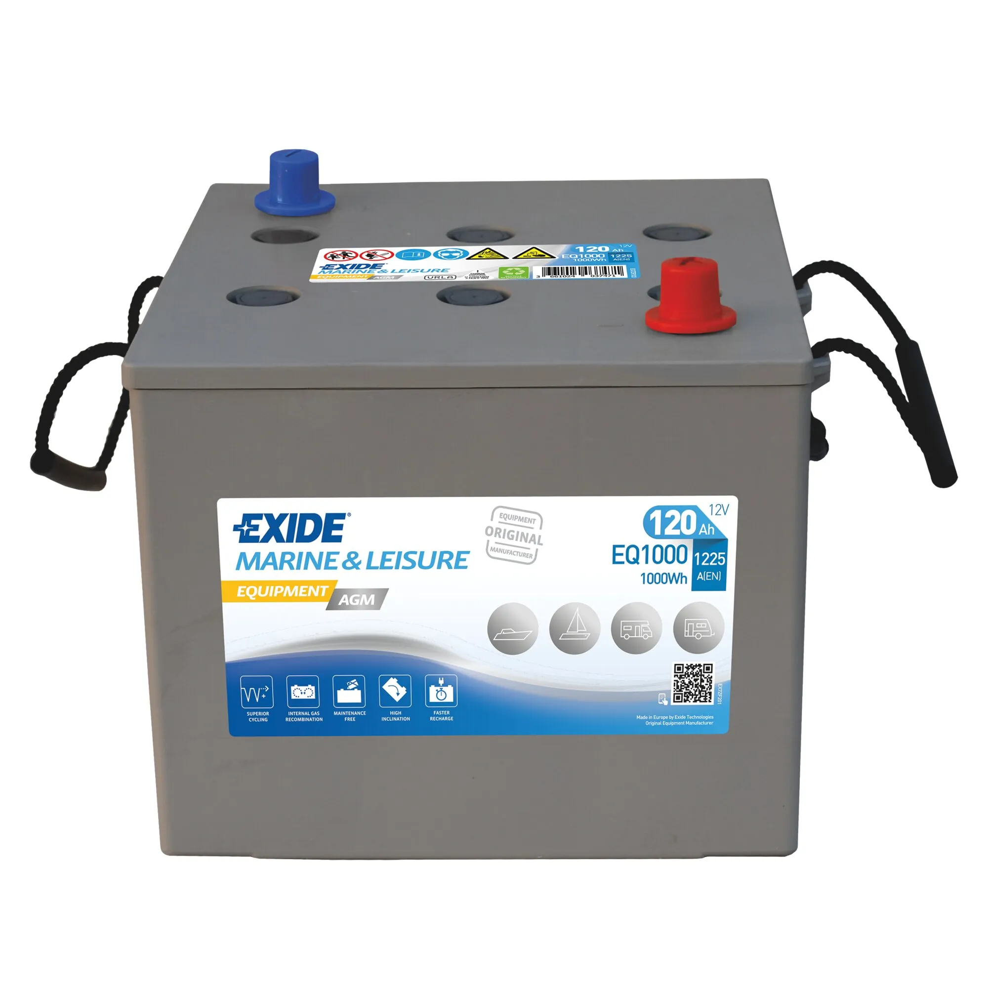 Graue Exide AGM-Batterie Marine & Leisure mit 12 V, 120 Ah, roten und blauen Anschlusspolen sowie Tragegriffen