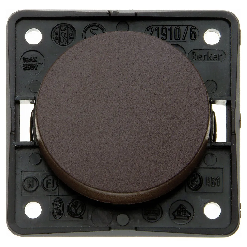 Brauner, runder Ausschalter von Berker mit schwarzem quadratischem Rahmen und vier Befestigungsöffnungen, 16AX 250V~