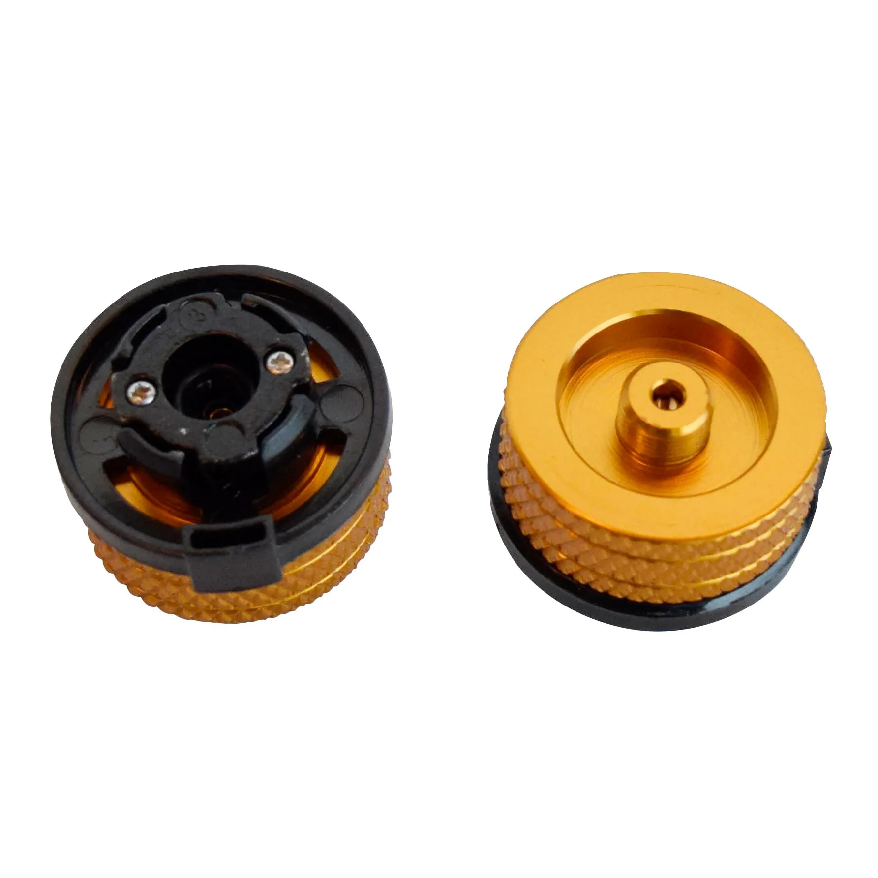 Bajonett-Kartuschen-Adapter aus goldfarbenem Metall mit schwarzem Kunststoff-Bajonett, jeweils in Ober- und Unteransicht