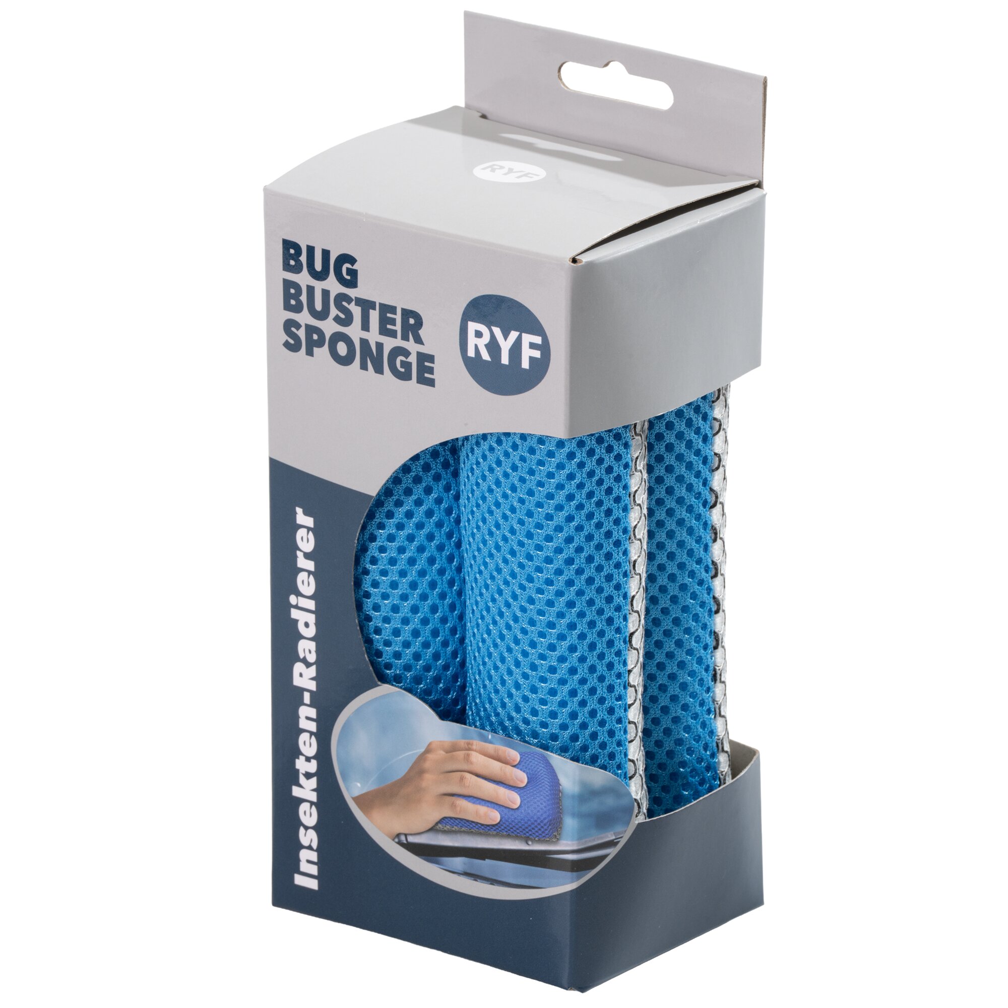 Verpackung eines Bug Buster Sponge: weiße Box mit blauem Schriftzug Bug Buster Sponge und RyF-Logo, sichtbarer blauer Netzschwamm hinter der Verpackung