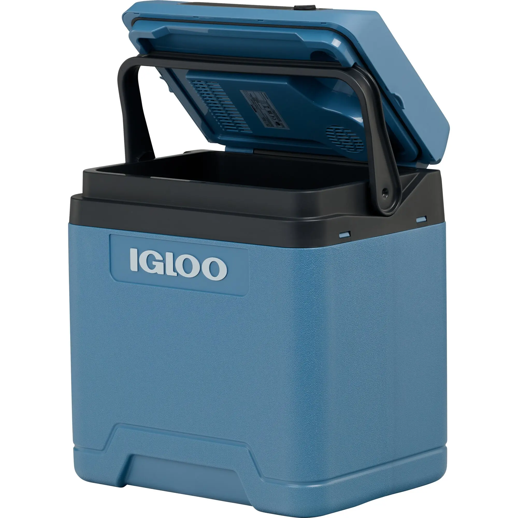 Blaue Igloo Kühlbox mit geöffnetem Deckel, schwarzem Tragegriffrahmen und IGLOO-Logo auf der Vorderseite