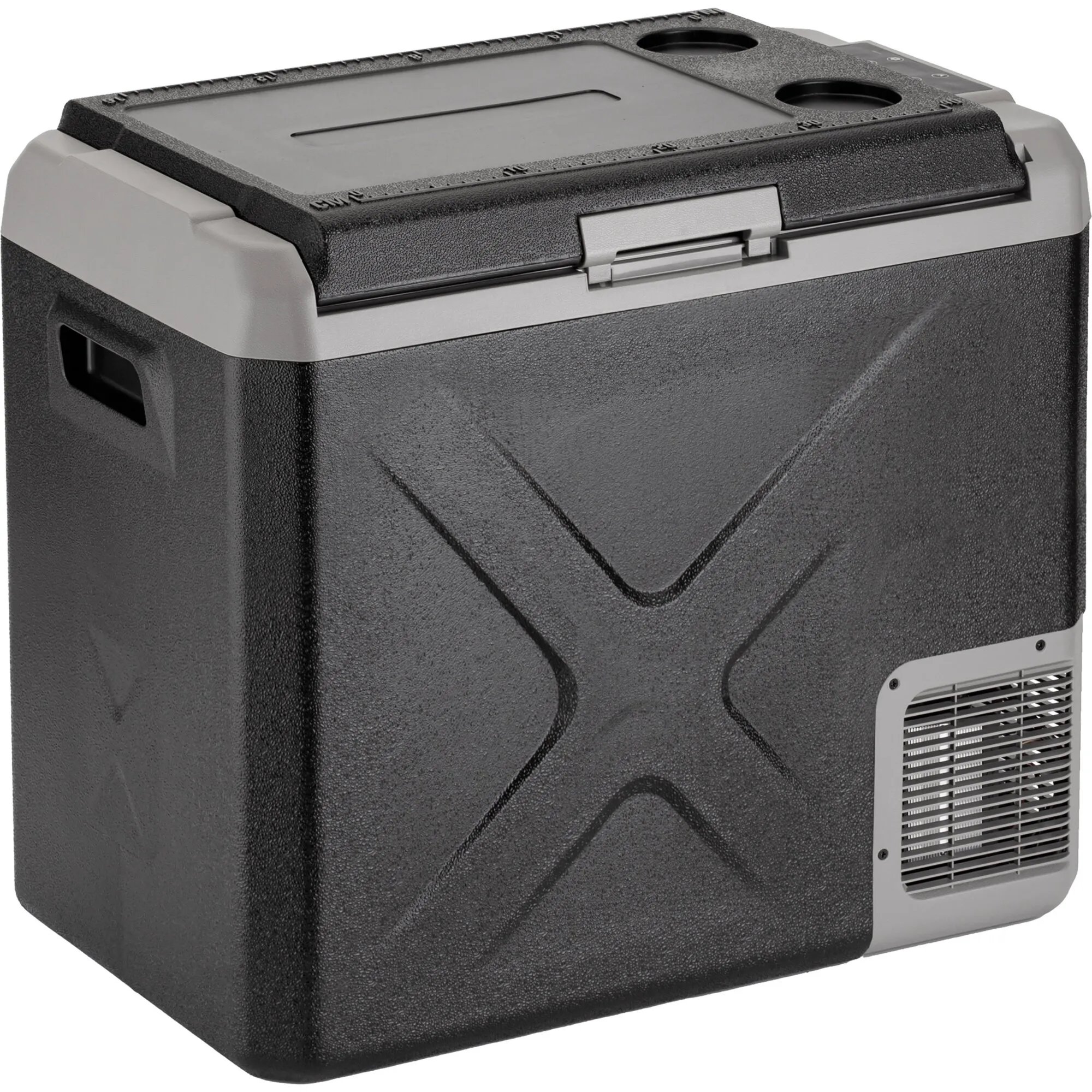 Kühlbox Polarys Freeze SZ in Schwarz und Grau mit geschlossenem Deckel, Tragegriffen, Getränkehaltern und seitlichem Lüftungsgitter