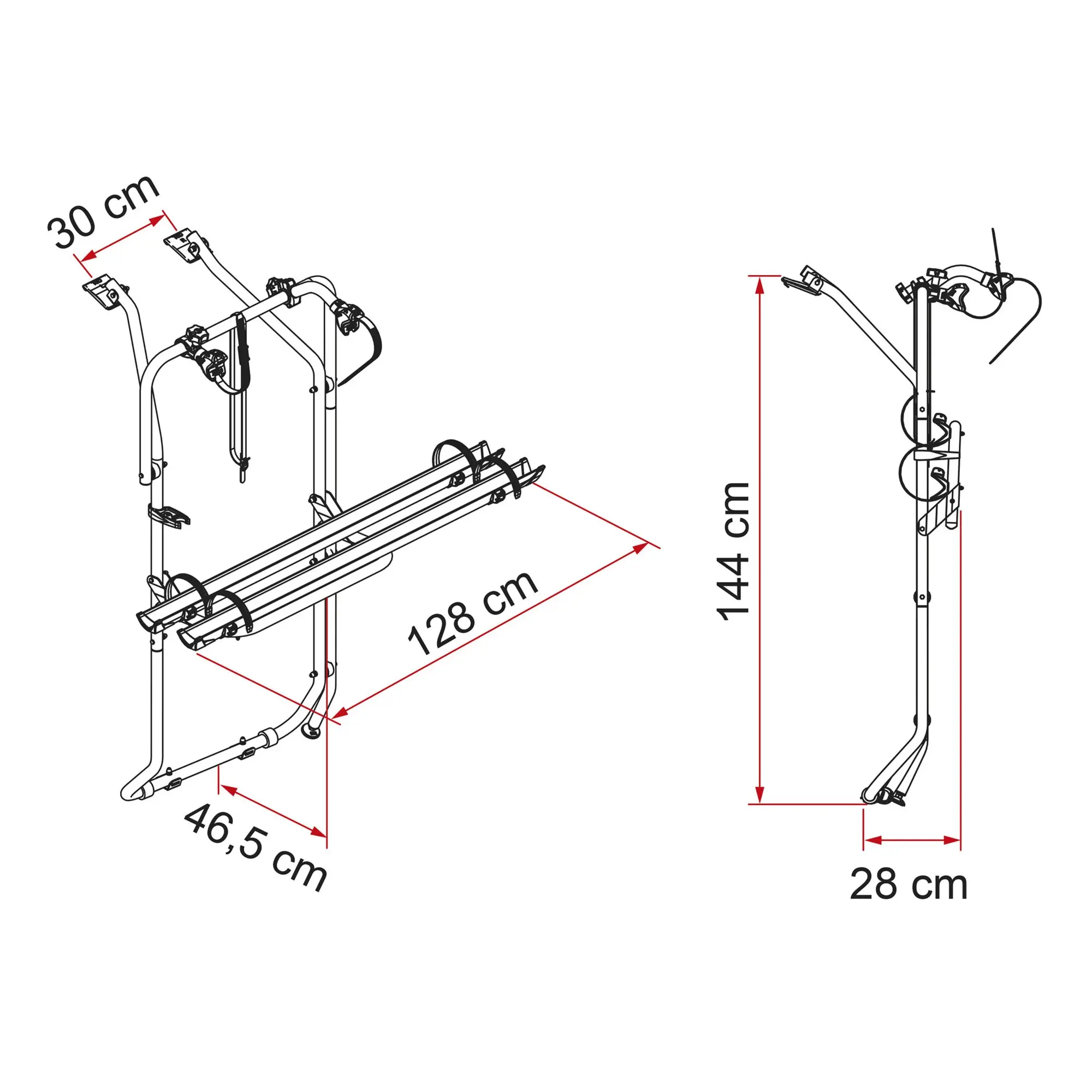 Silberner Fahrradträger Carry-Bike VW T5/6 D mit zwei Fahrradschienen und Maßangaben 30, 128, 144, 46,5 und 28 cm